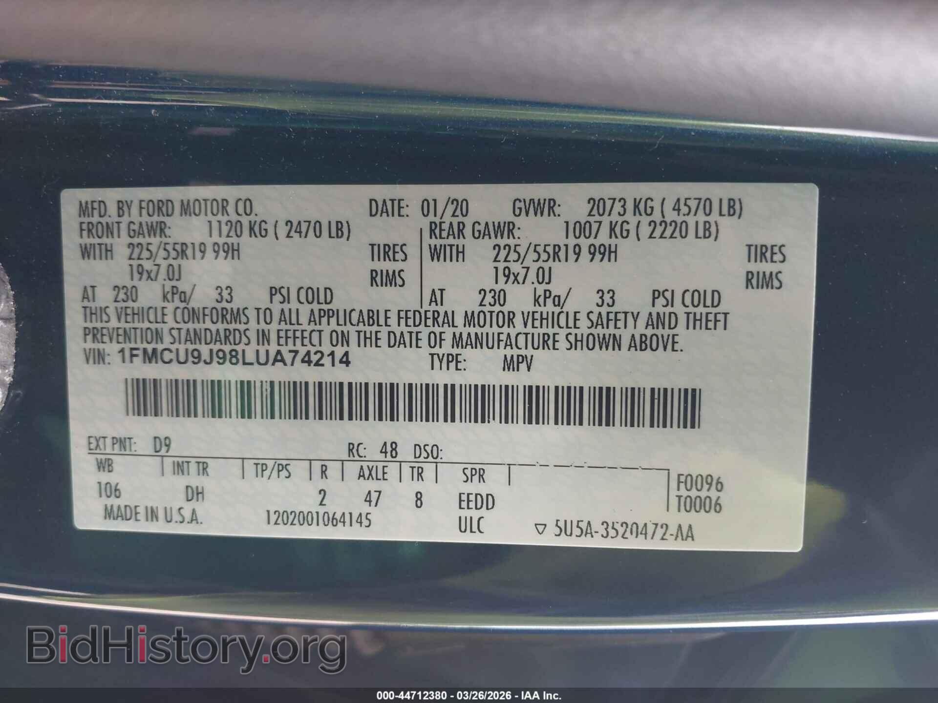 2020 FORD ESCAPE - VIN: 1FMCU9J98LUA74214 - Фото 9