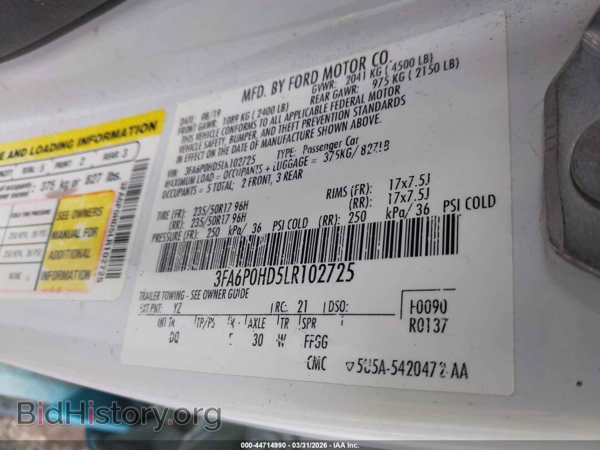2020 FORD FUSION - VIN: 3FA6P0HD5LR102725 - Фото 9