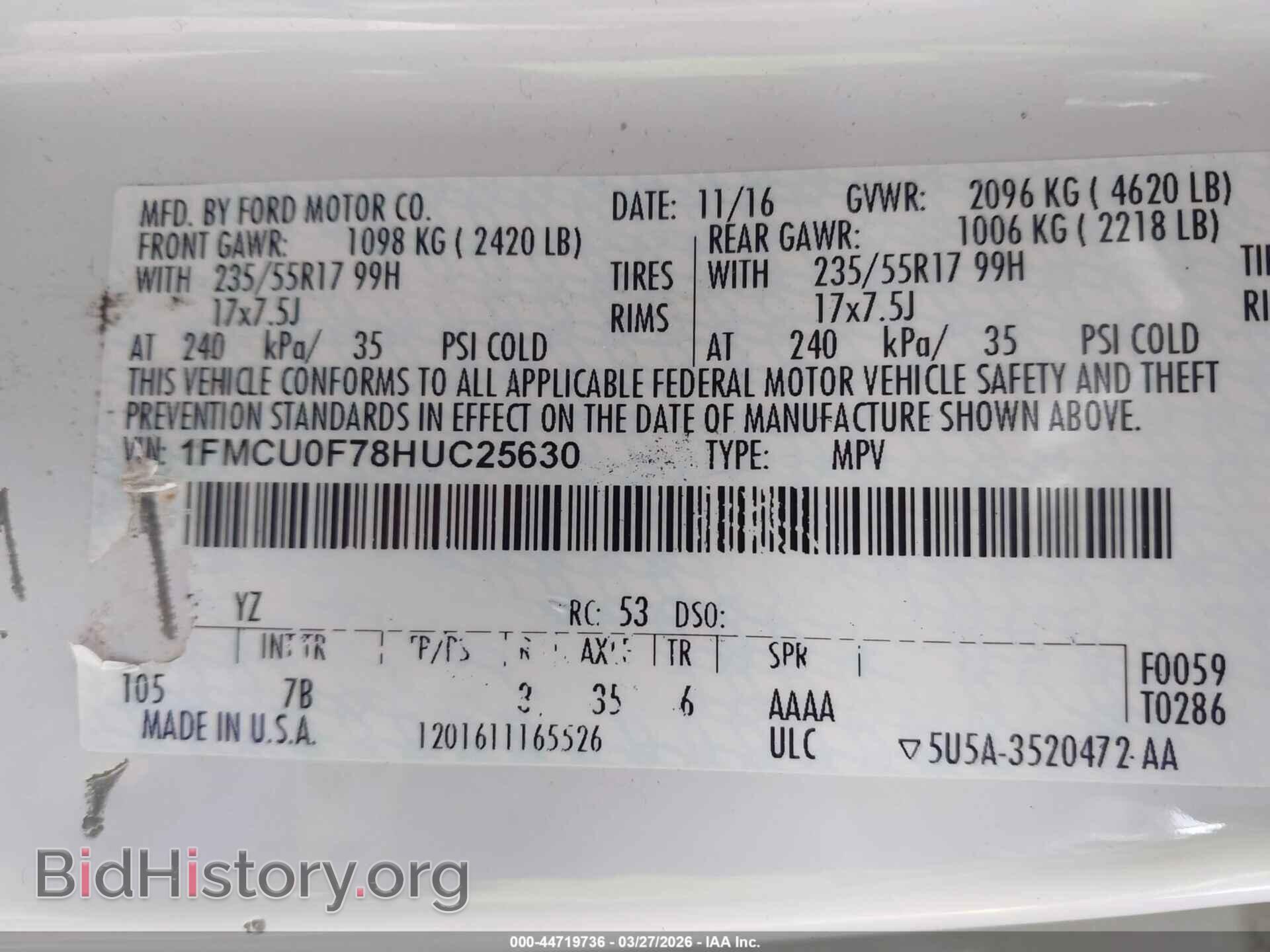 2017 FORD ESCAPE - VIN: 1FMCU0F78HUC25630 - Фото 9