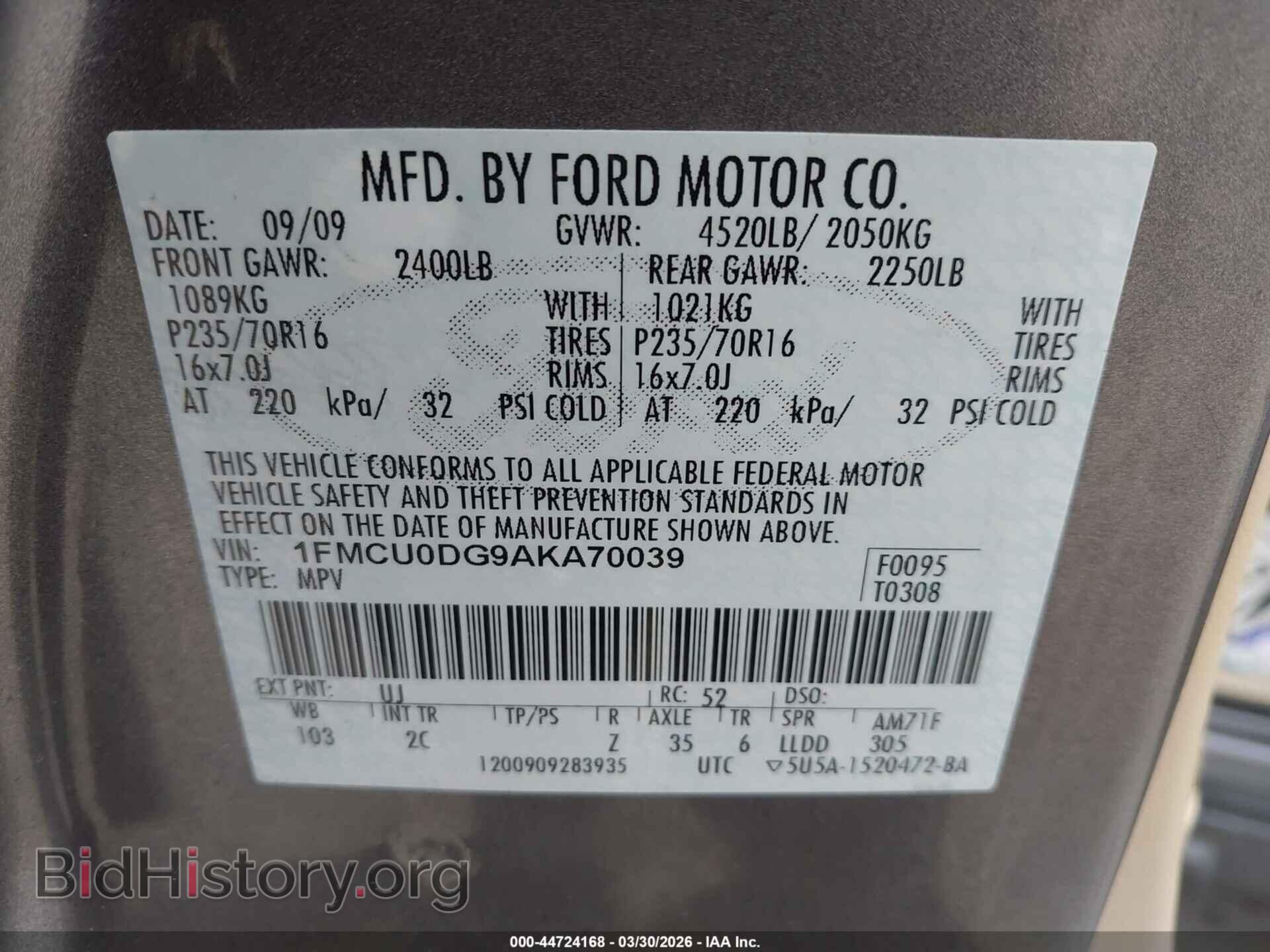 2010 FORD ESCAPE - VIN: 1FMCU0DG9AKA70039 - Фото 9