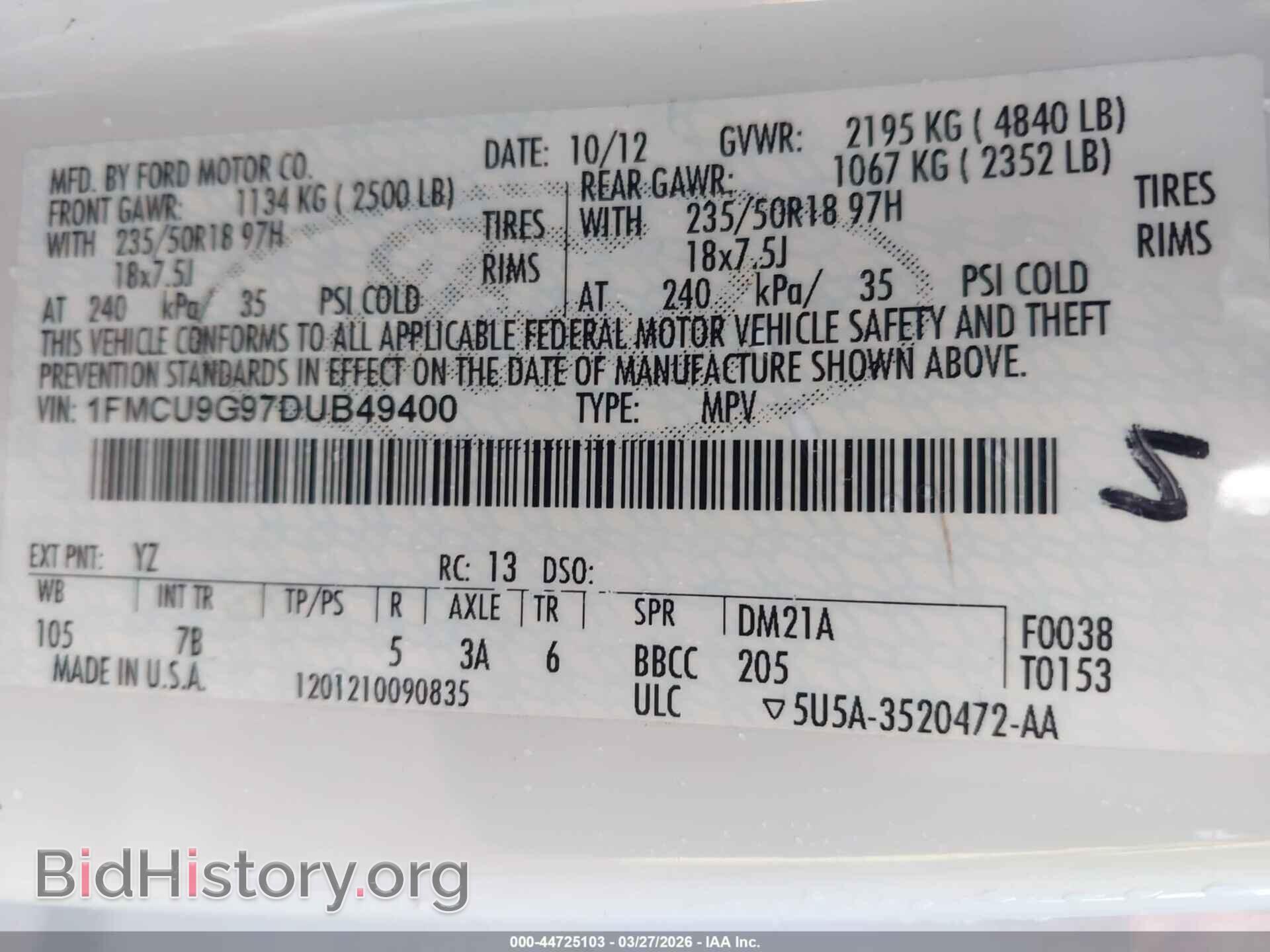 2013 FORD ESCAPE - VIN: 1FMCU9G97DUB49400 - Фото 9