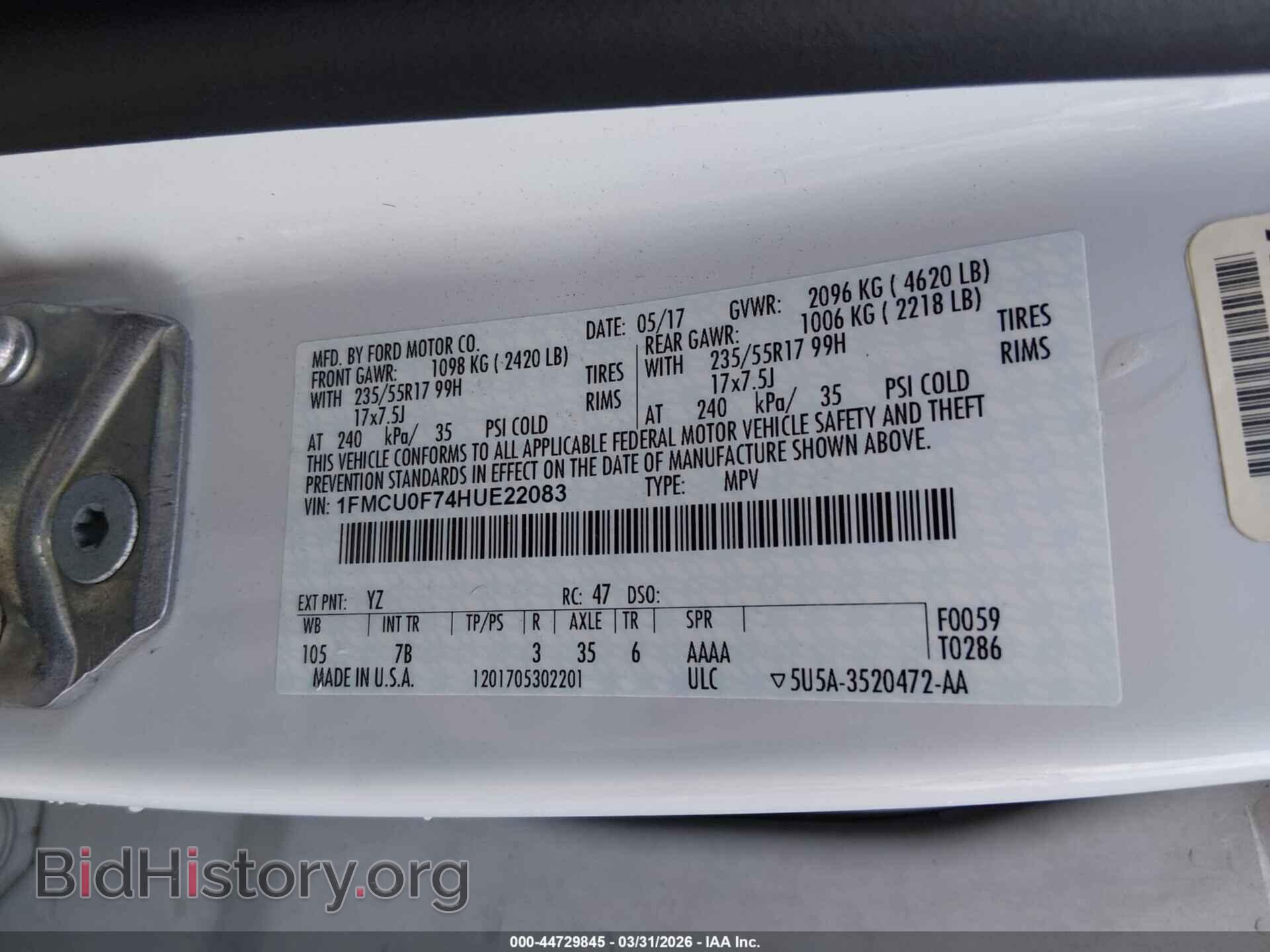 2017 FORD ESCAPE - VIN: 1FMCU0F74HUE22083 - Фото 9