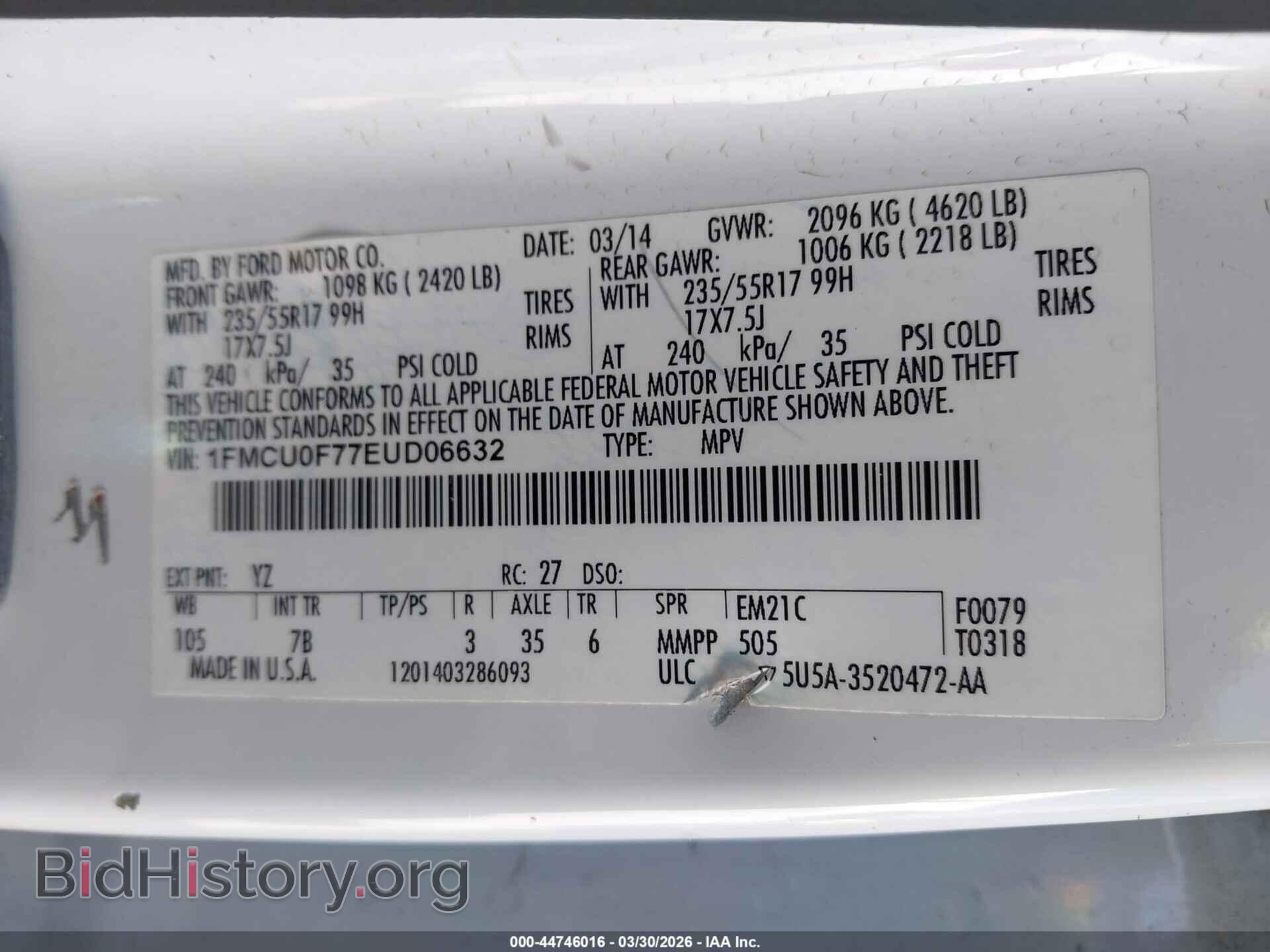 2014 FORD ESCAPE - VIN: 1FMCU0F77EUD06632 - Фото 9