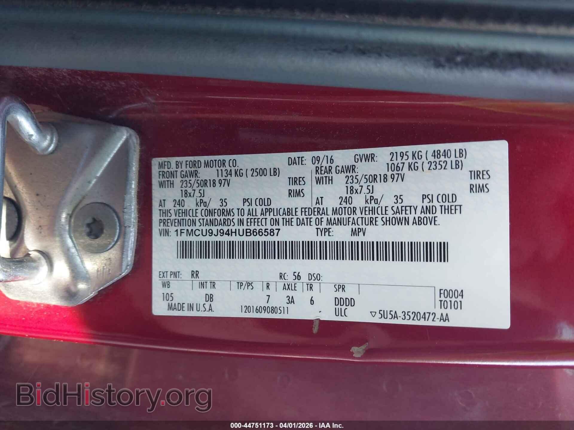 2017 FORD ESCAPE - VIN: 1FMCU9J94HUB66587 - Фото 9
