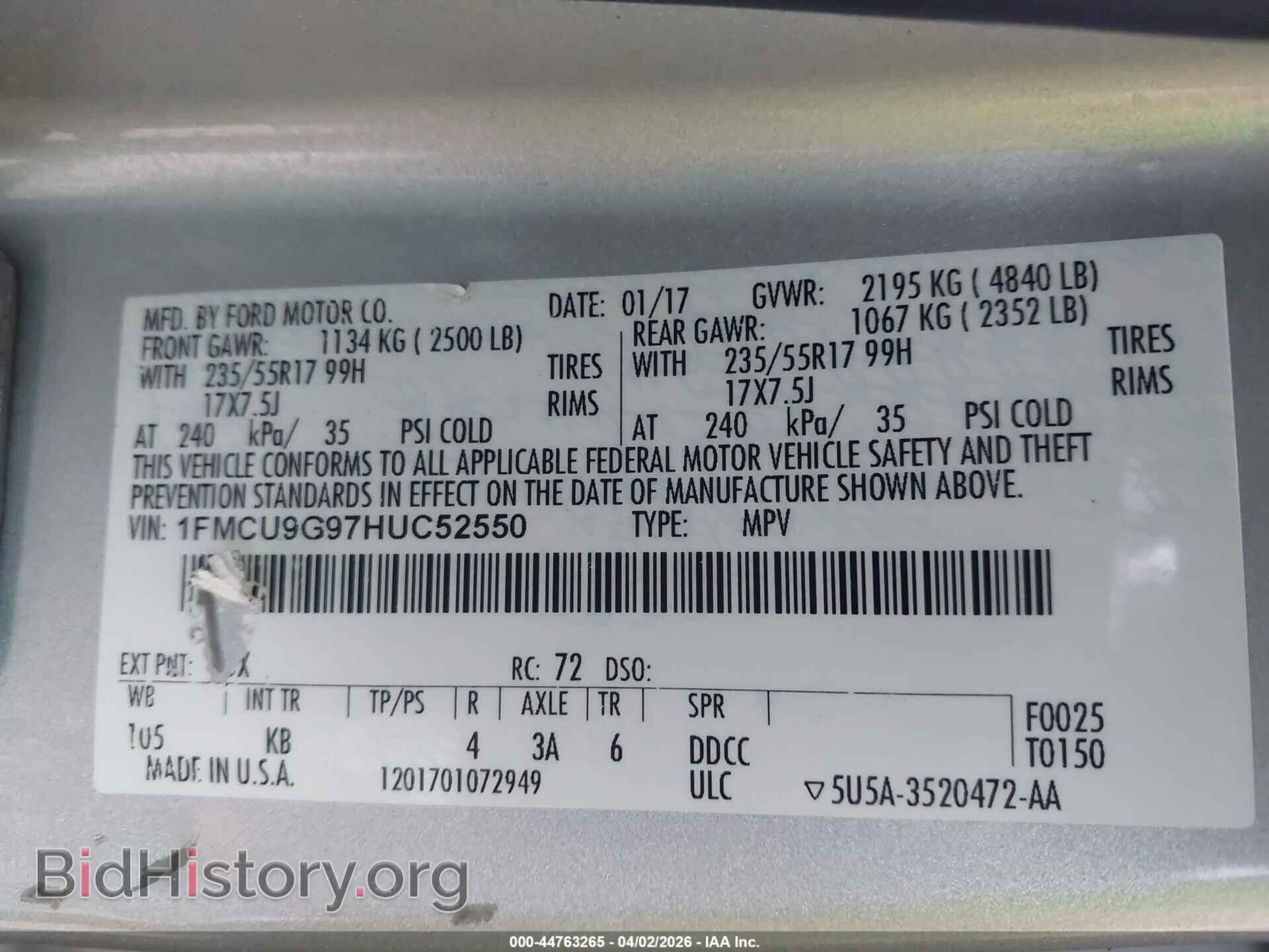 2017 FORD ESCAPE - VIN: 1FMCU9G97HUC52550 - Фото 9