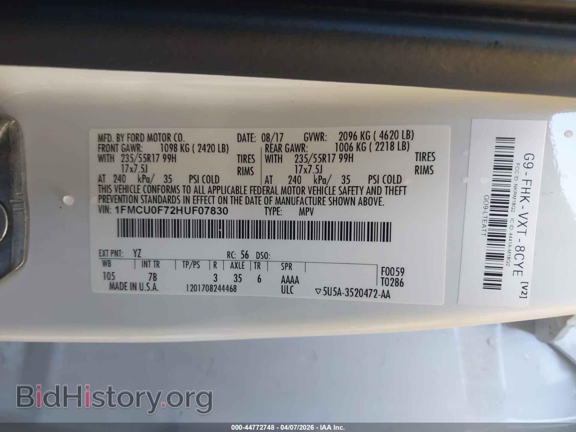 2017 FORD ESCAPE - VIN: 1FMCU0F72HUF07830 - Фото 9