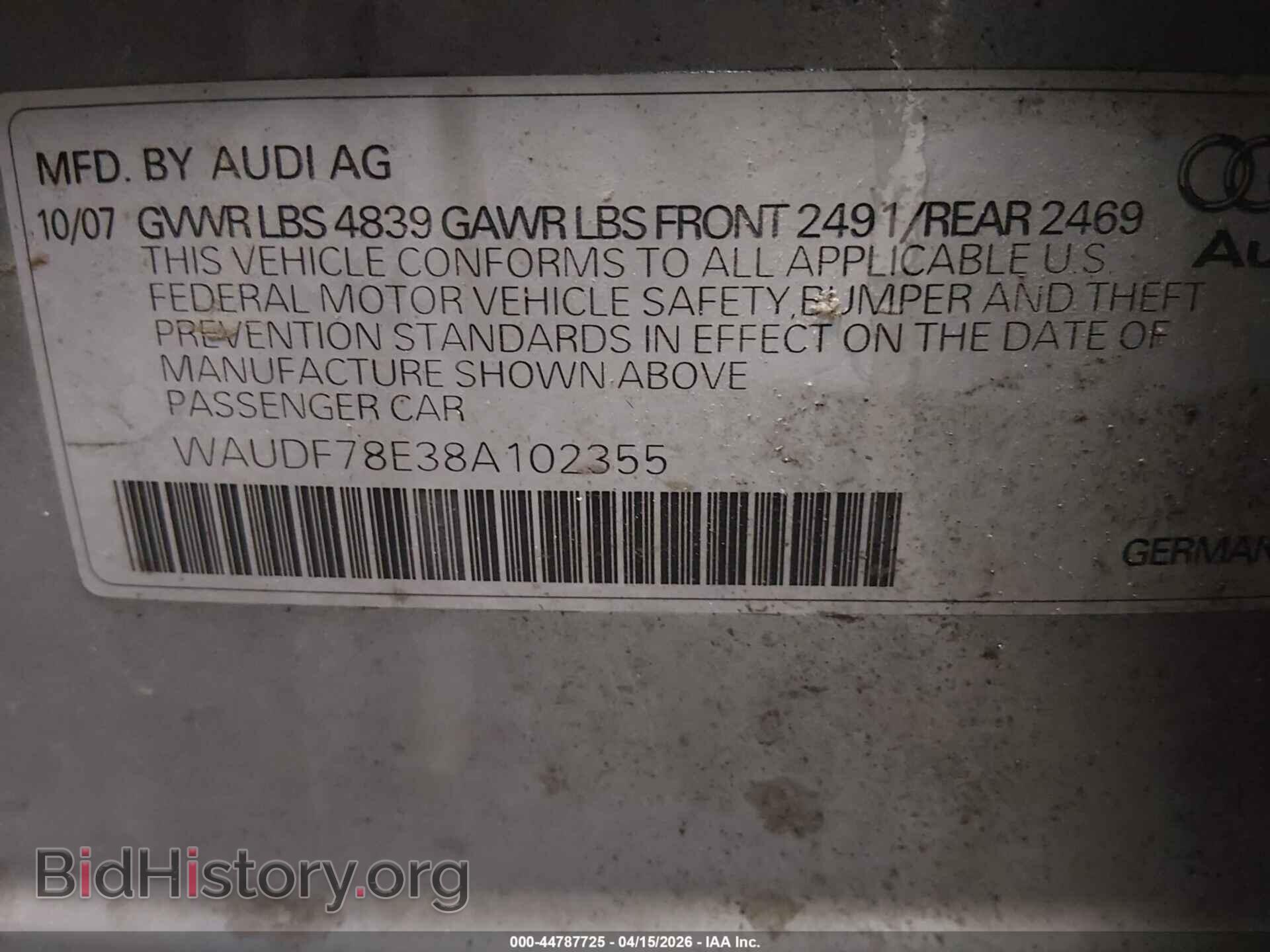 2008 AUDI A4 - VIN: WAUDF78E38A102355 - Фото 9