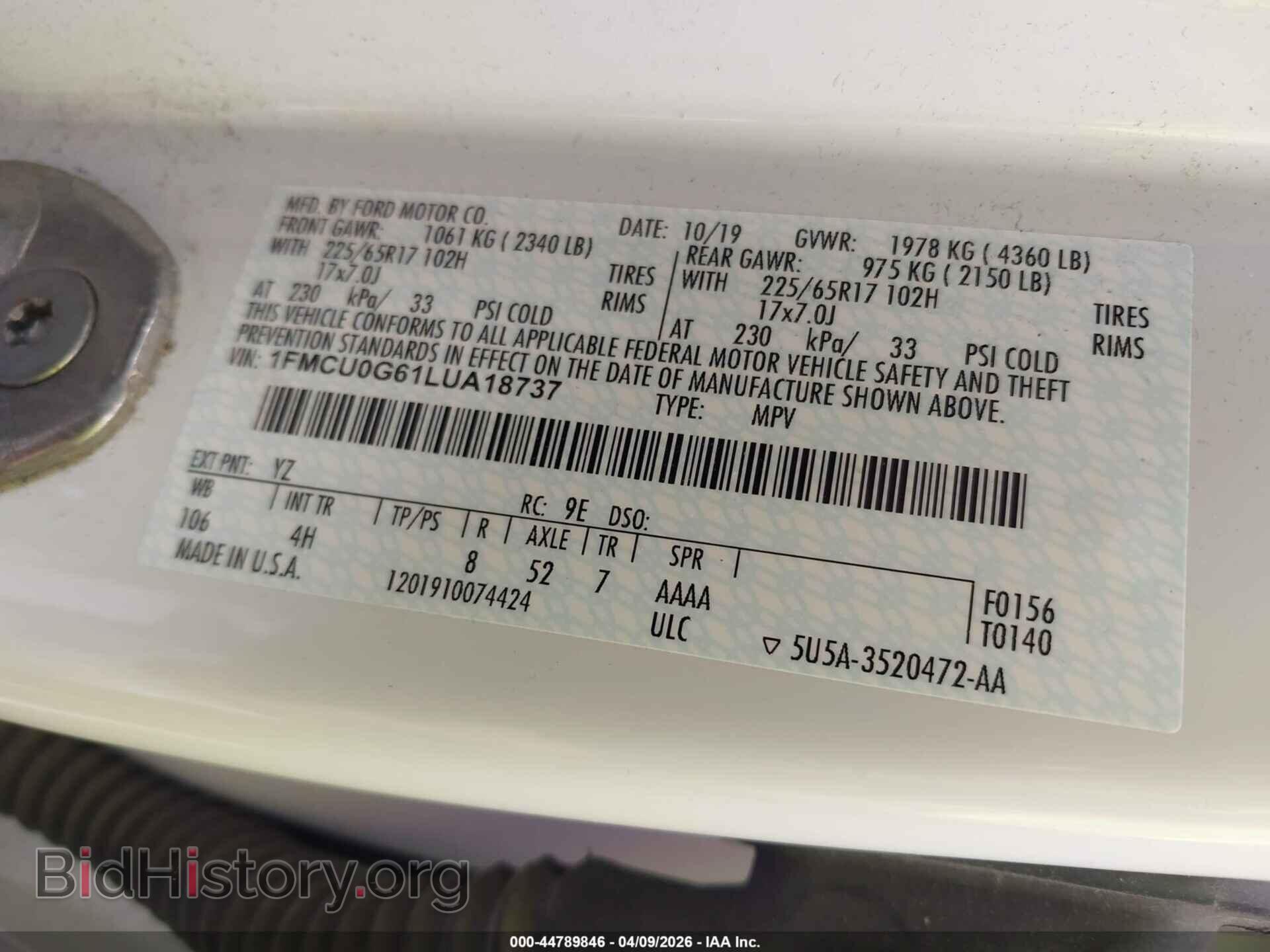 2020 FORD ESCAPE - VIN: 1FMCU0G61LUA18737 - Photo 9
