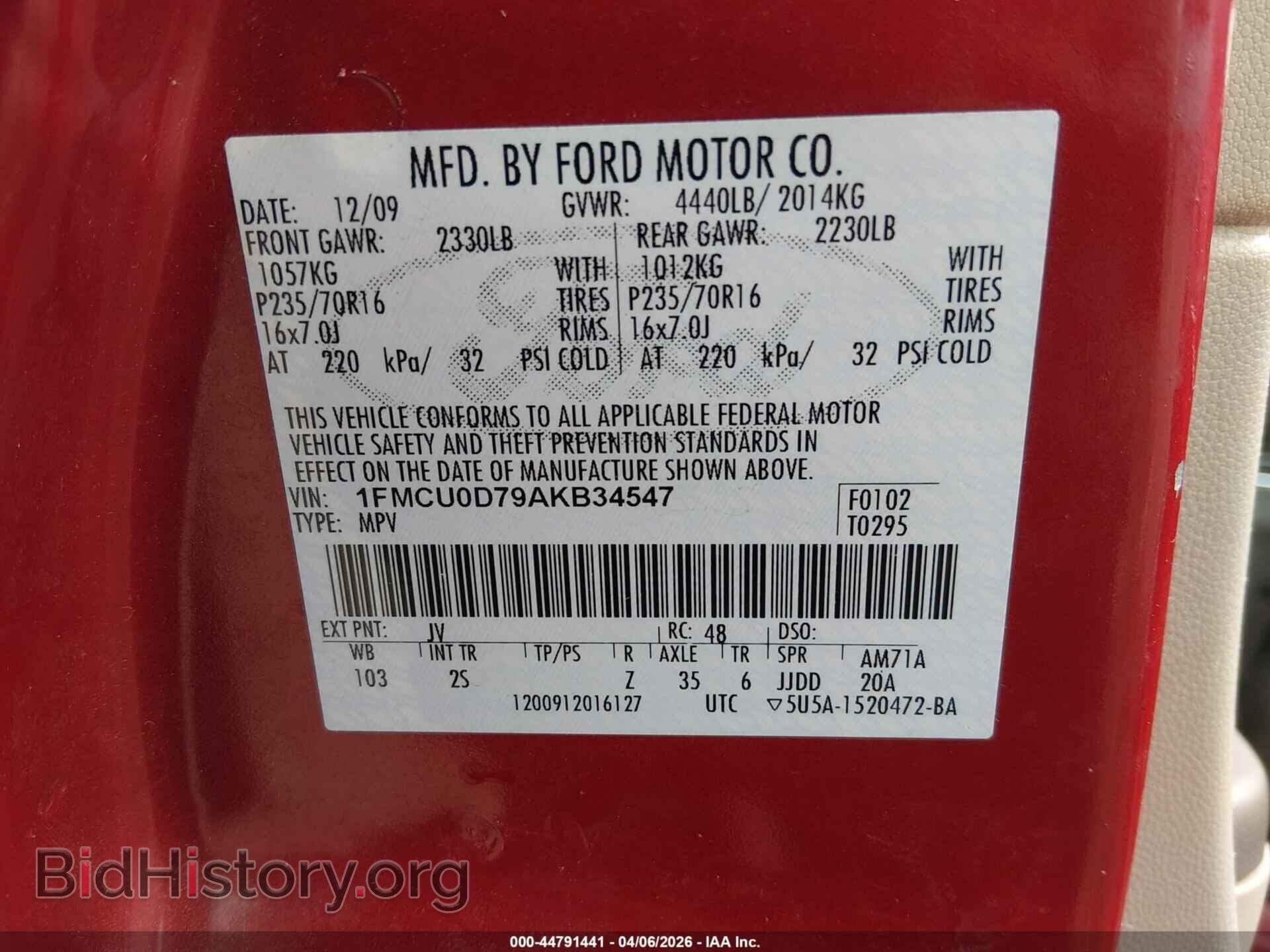2010 FORD ESCAPE - VIN: 1FMCU0D79AKB34547 - Фото 9