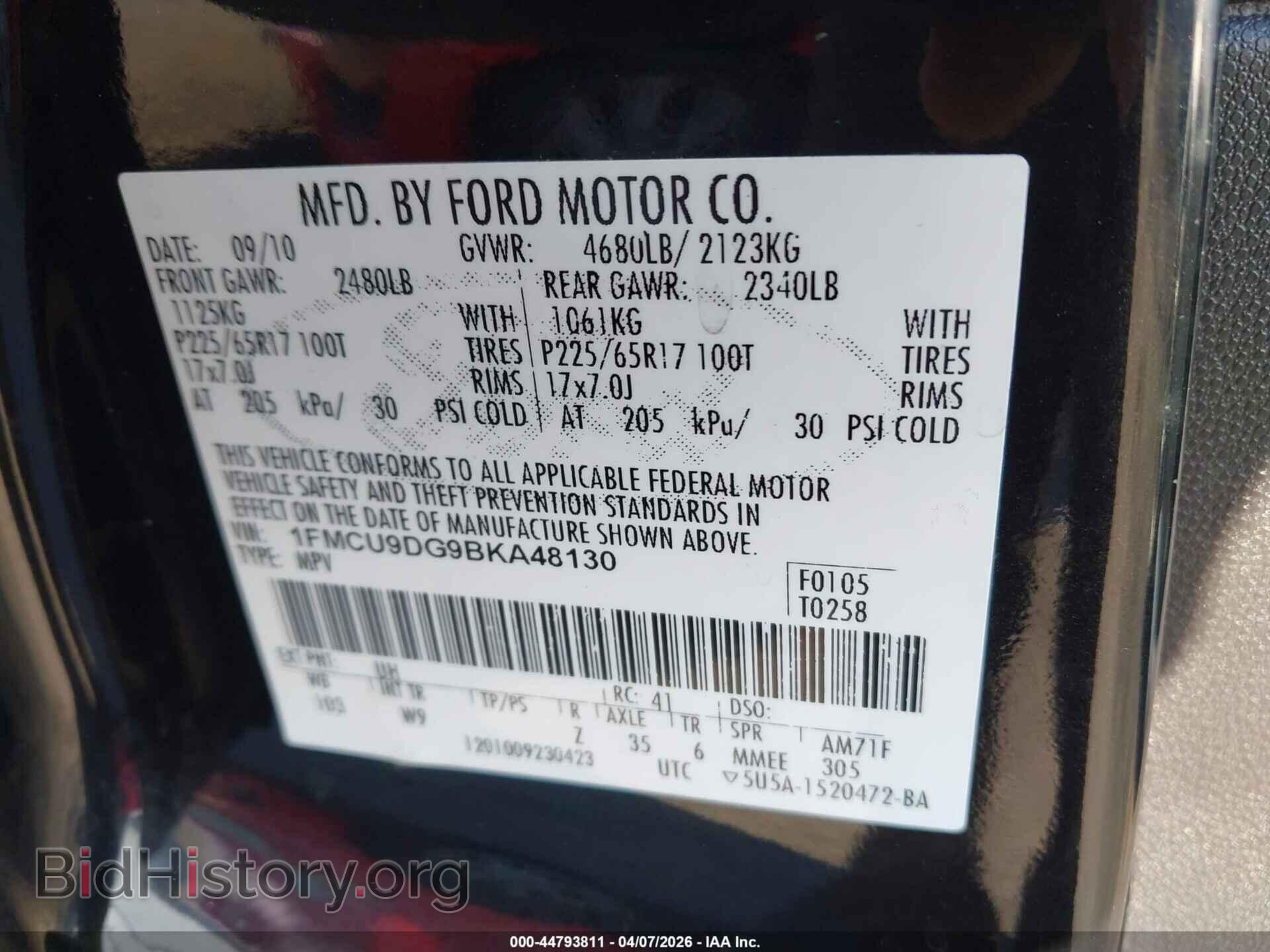 2011 FORD ESCAPE - VIN: 1FMCU9DG9BKA48130 - Фото 9
