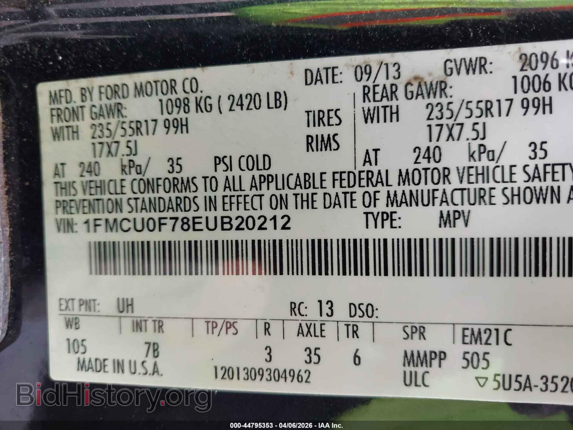 2014 FORD ESCAPE - VIN: 1FMCU0F78EUB20212 - Фото 9