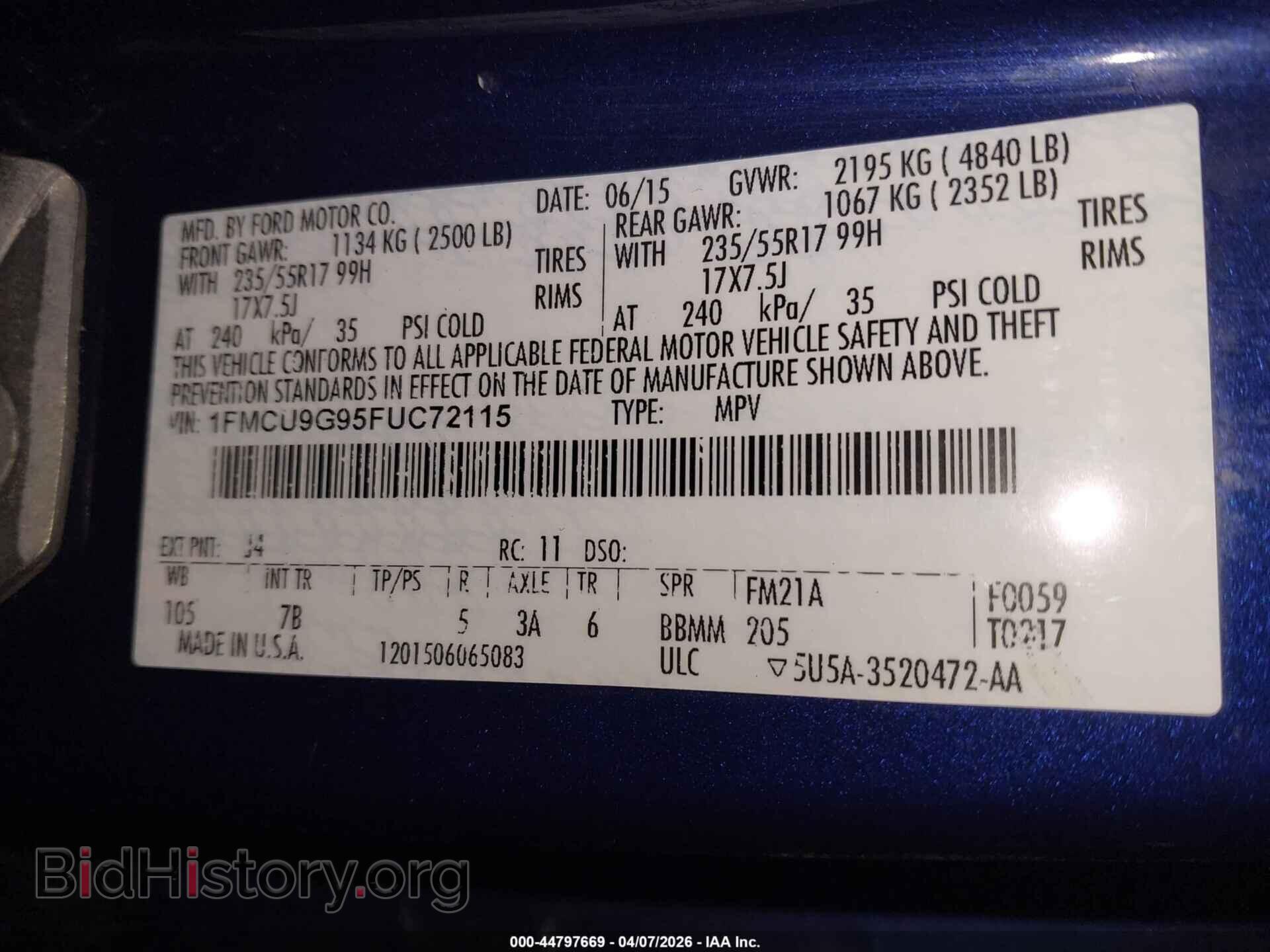 2015 FORD ESCAPE - VIN: 1FMCU9G95FUC72115 - Фото 9