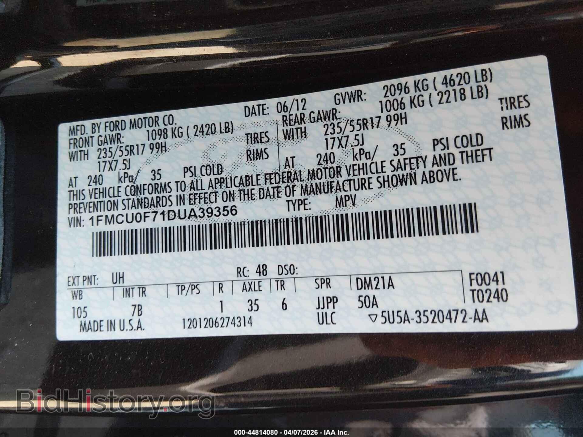 2013 FORD ESCAPE - VIN: 1FMCU0F71DUA39356 - Фото 9