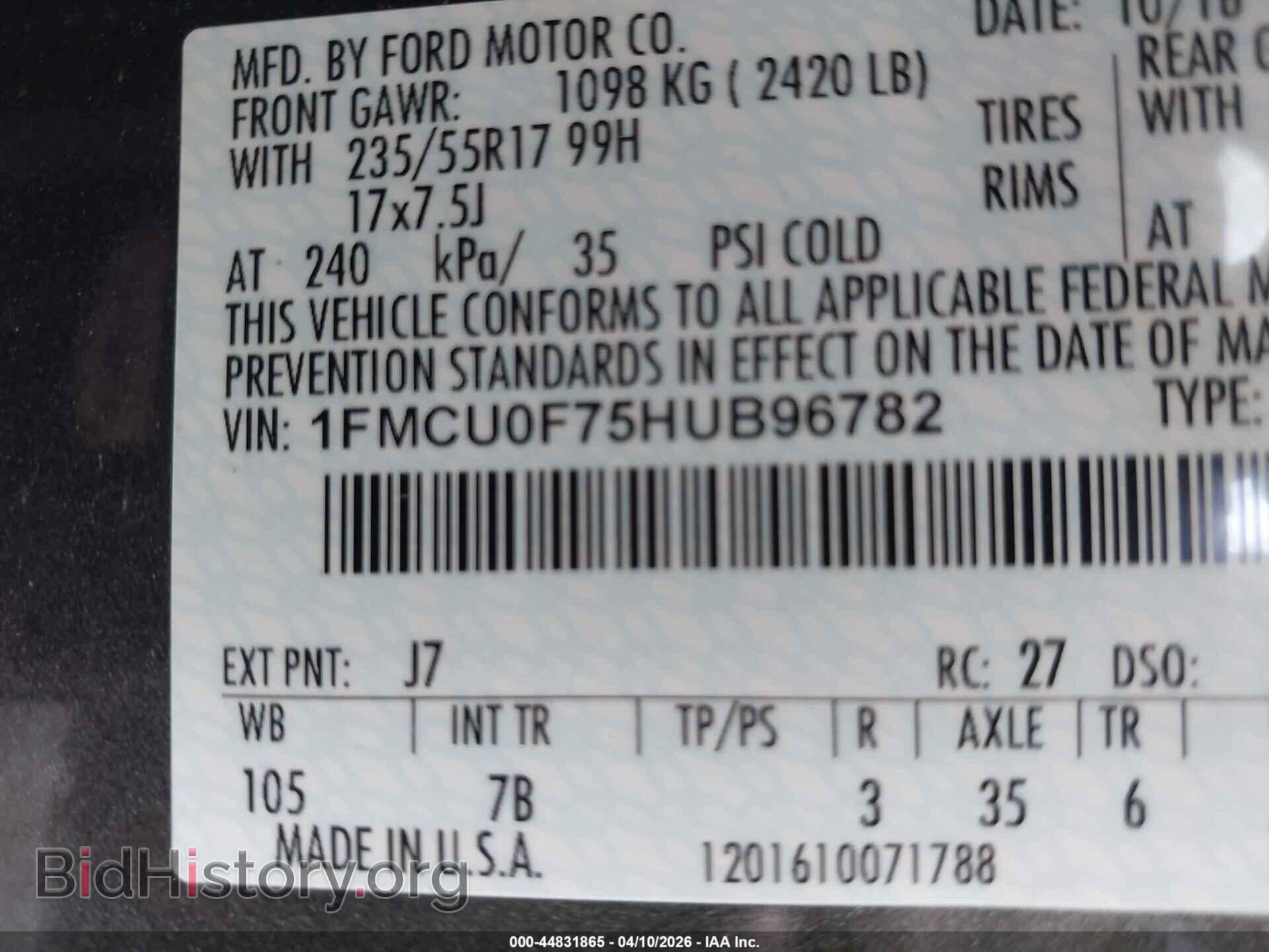 2017 FORD ESCAPE - VIN: 1FMCU0F75HUB96782 - Фото 9