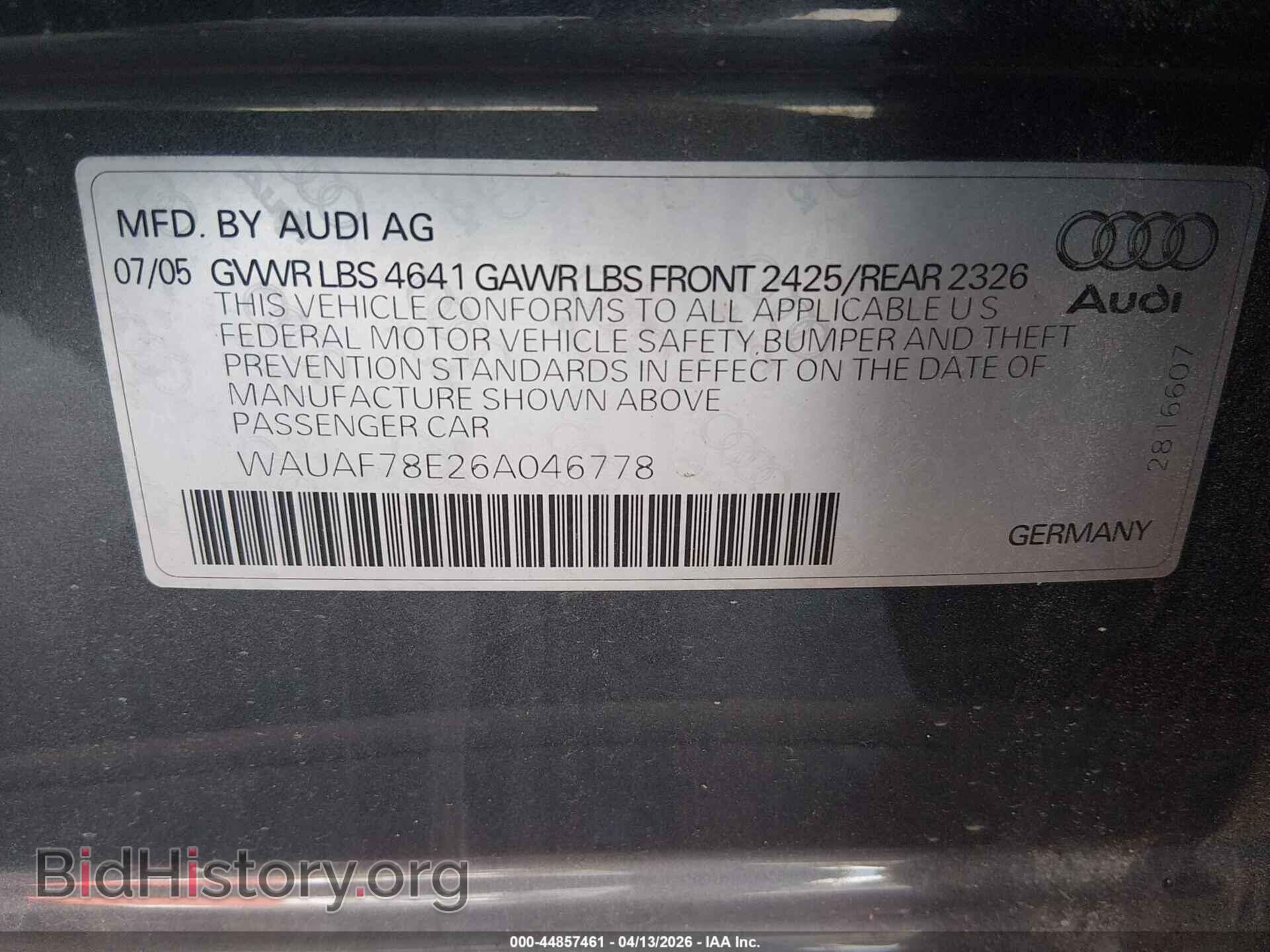 2006 AUDI A4 - VIN: WAUAF78E26A046778 - Фото 9