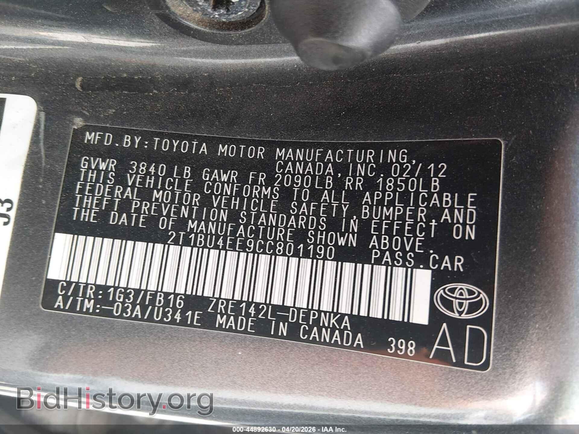 2012 TOYOTA COROLLA - VIN: 2T1BU4EE9CC801190 - Фото 9
