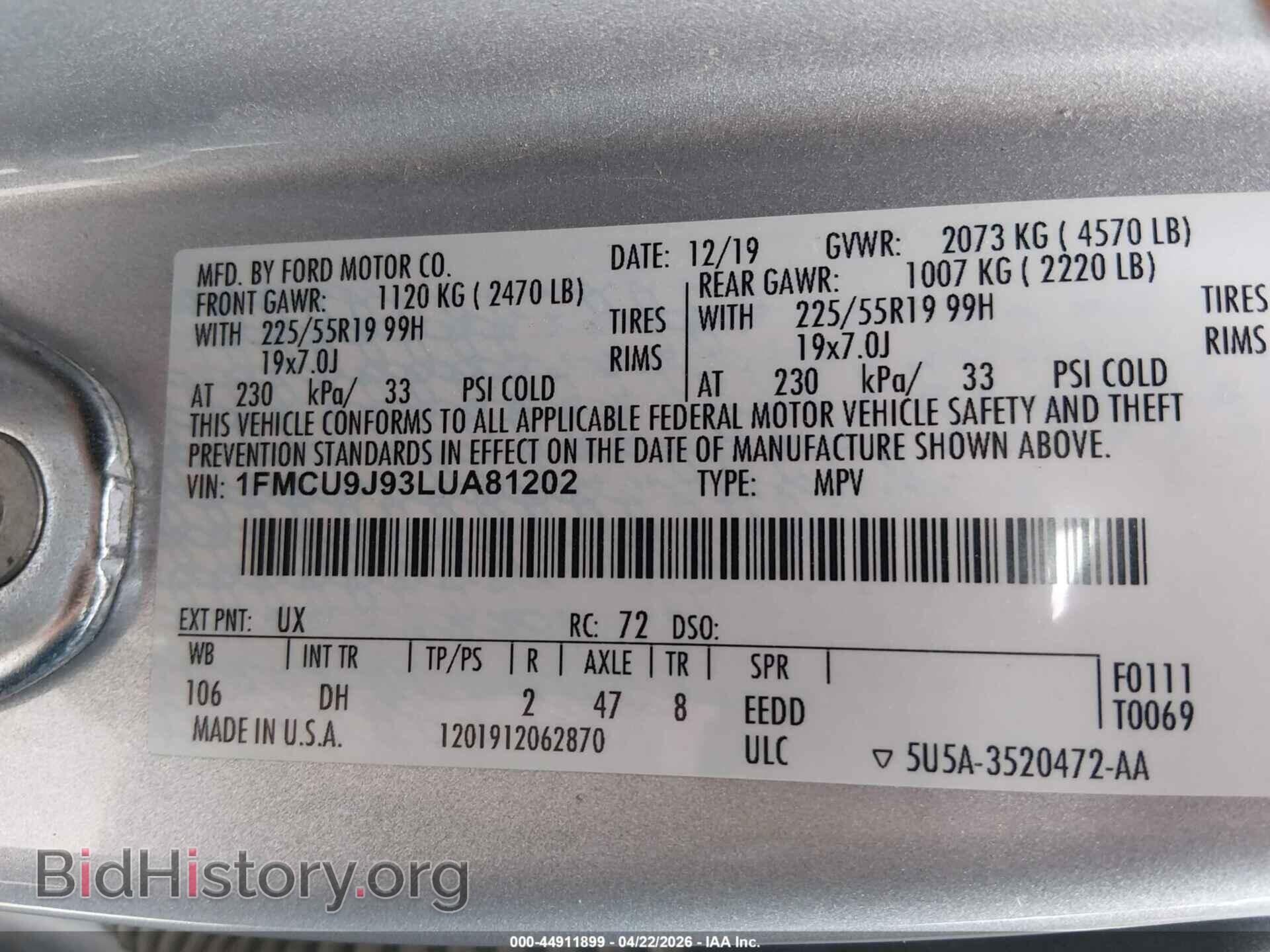 2020 FORD ESCAPE - VIN: 1FMCU9J93LUA81202 - Фото 9