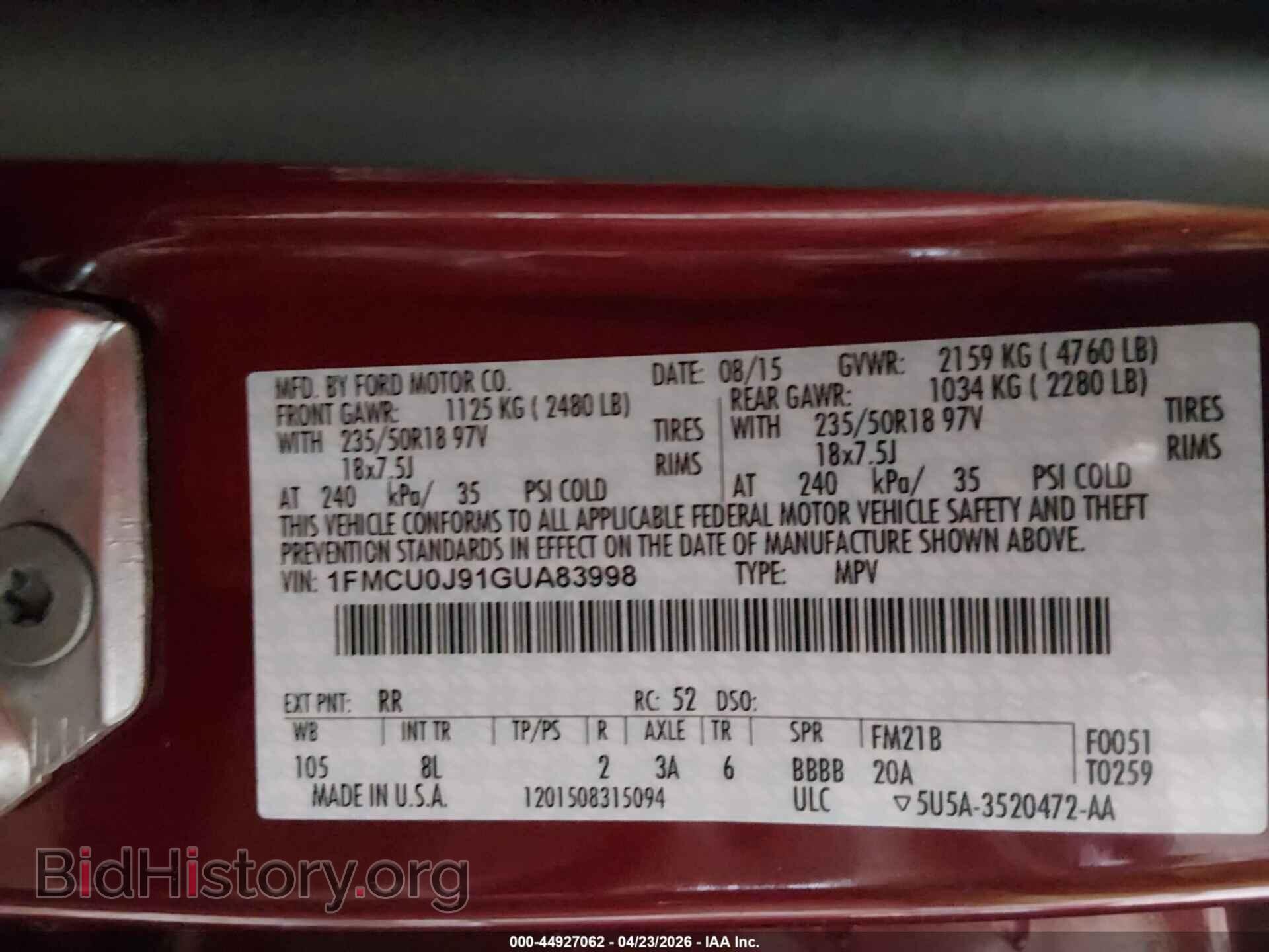 2016 FORD ESCAPE - VIN: 1FMCU0J91GUA83998 - Фото 9