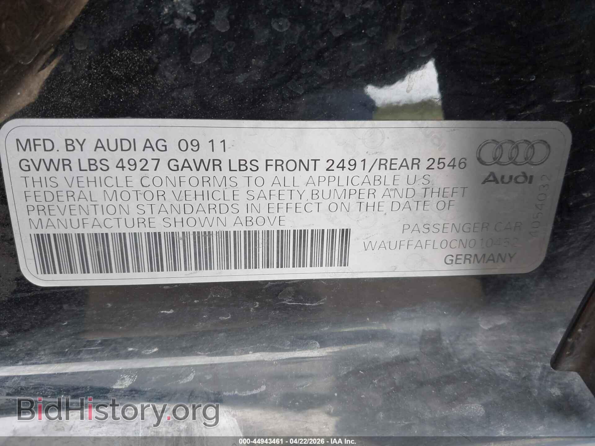 2012 AUDI A4 - VIN: WAUFFAFL0CN010452 - Фото 9