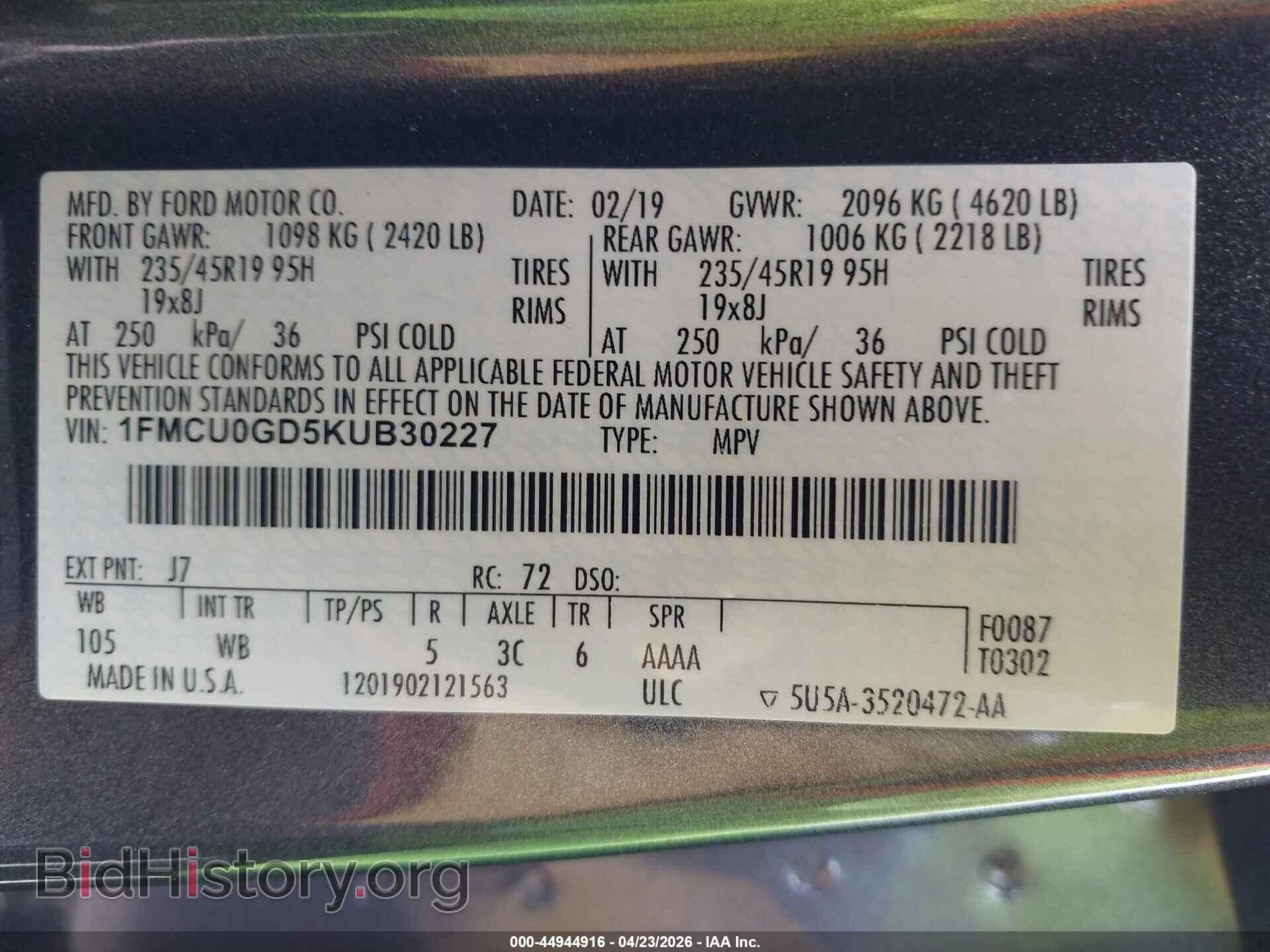 2019 FORD ESCAPE - VIN: 1FMCU0GD5KUB30227 - Фото 9