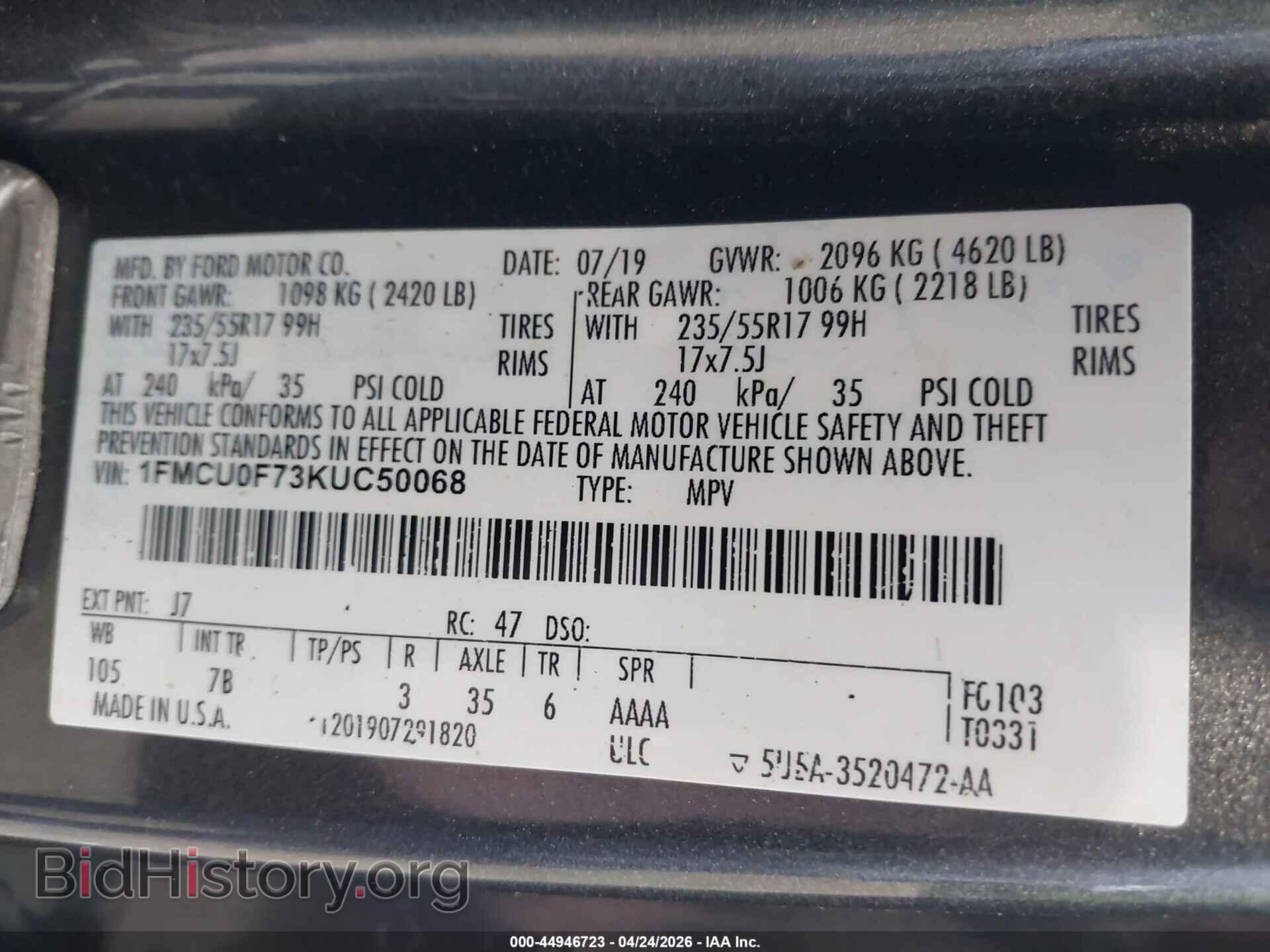 2019 FORD ESCAPE - VIN: 1FMCU0F73KUC50068 - Фото 9