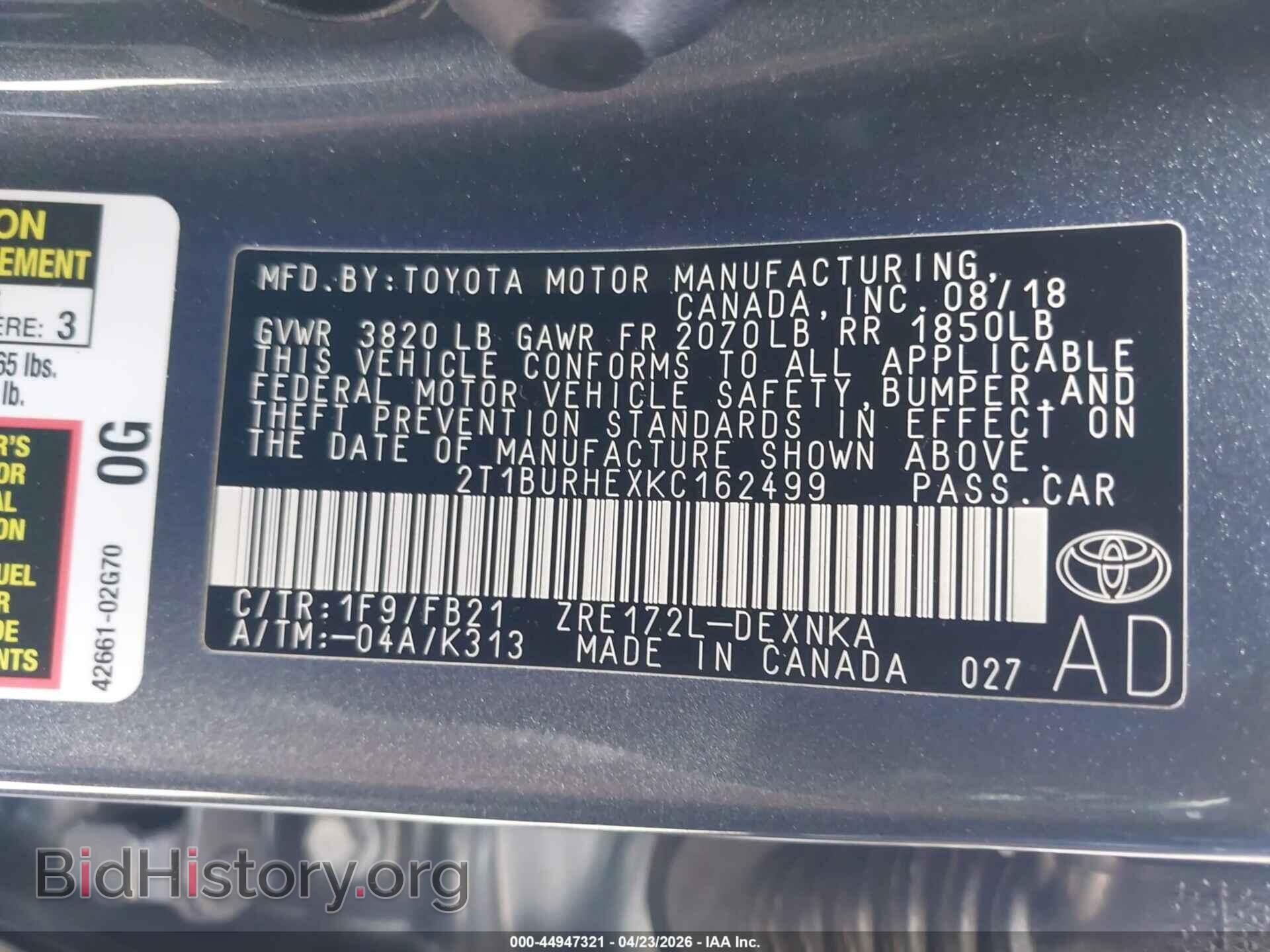 2019 TOYOTA COROLLA - VIN: 2T1BURHEXKC162499 - Фото 9