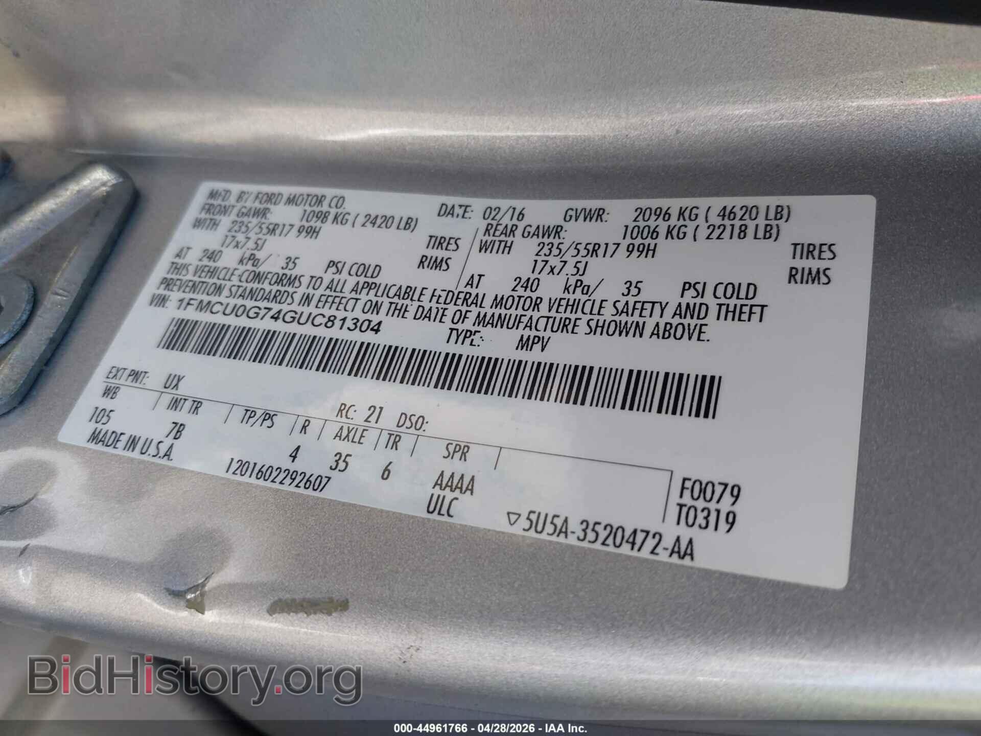2016 FORD ESCAPE - VIN: 1FMCU0G74GUC81304 - Фото 9