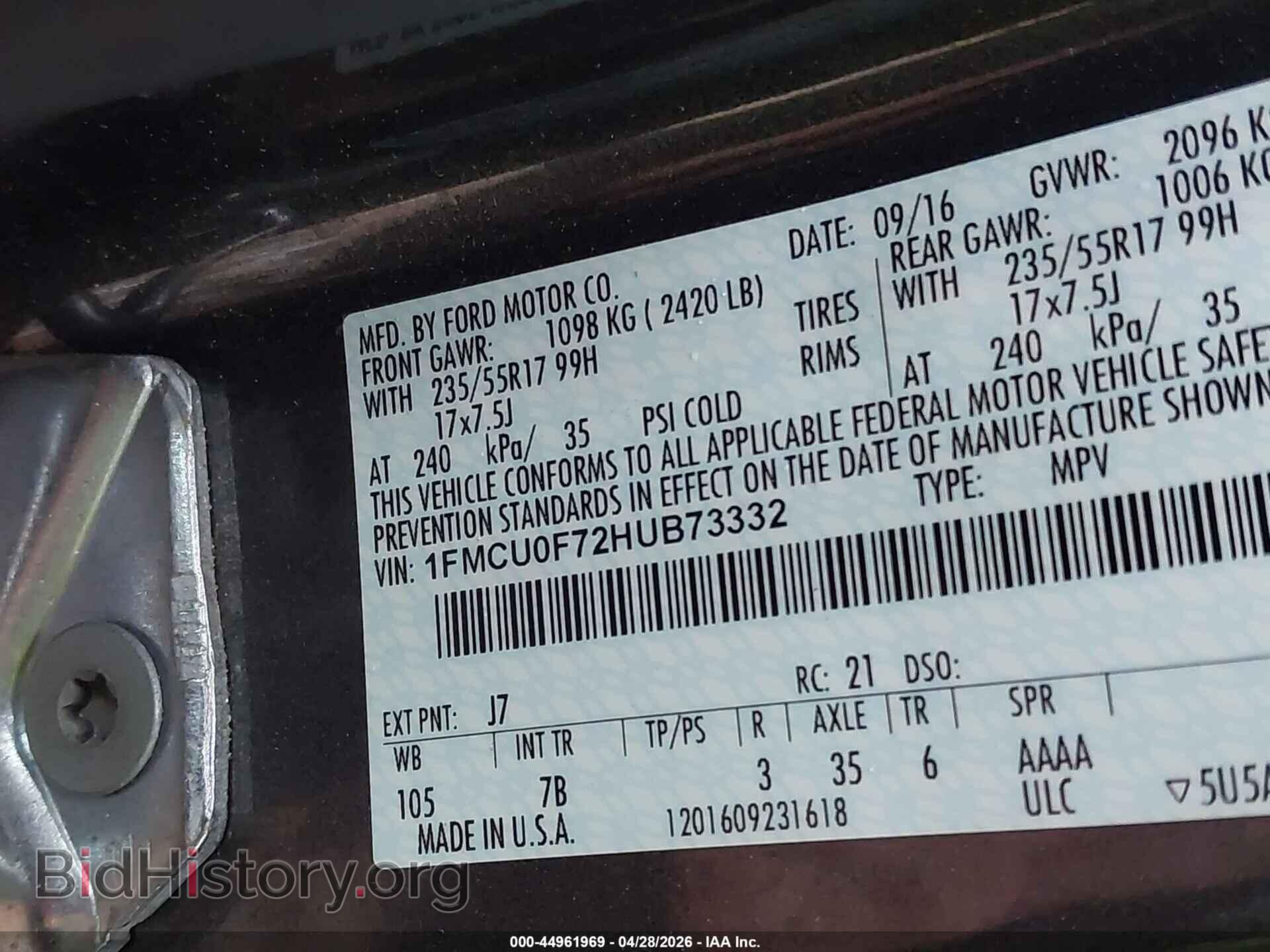 2017 FORD ESCAPE - VIN: 1FMCU0F72HUB73332 - Фото 9