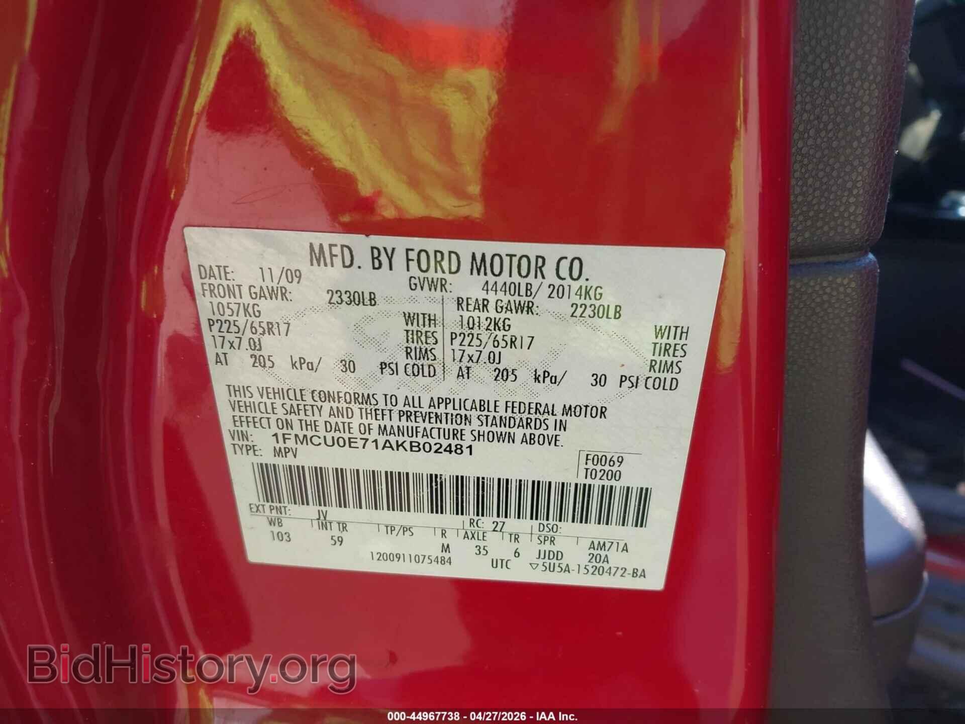 2010 FORD ESCAPE - VIN: 1FMCU0E71AKB02481 - Фото 9