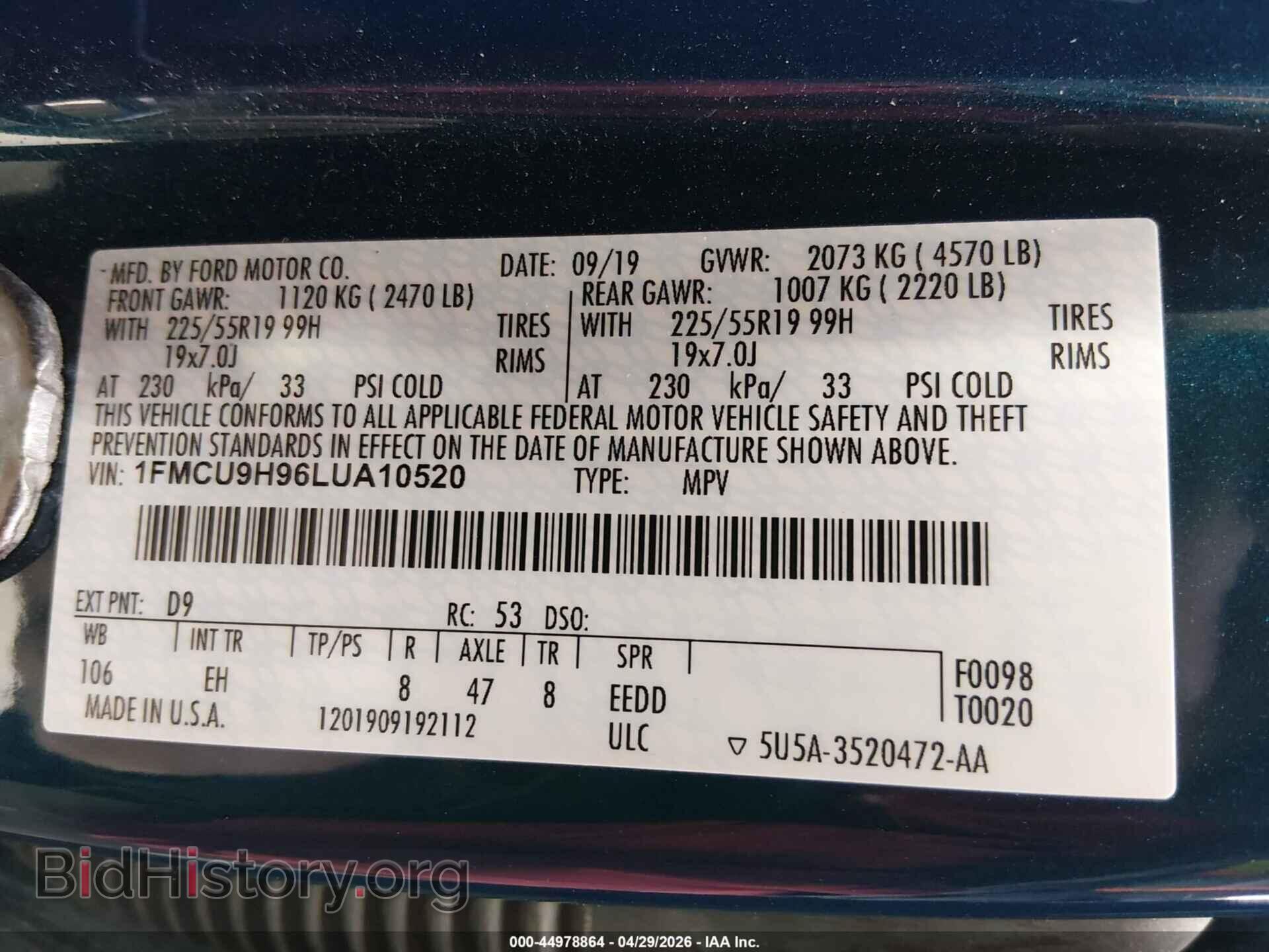 2020 FORD ESCAPE - VIN: 1FMCU9H96LUA10520 - Photo 9