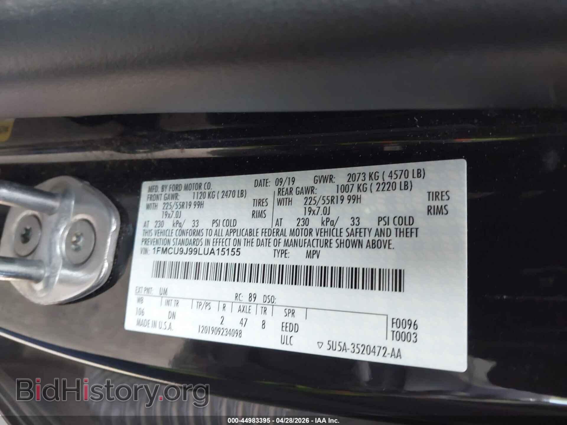 2020 FORD ESCAPE - VIN: 1FMCU9J99LUA15155 - Фото 9