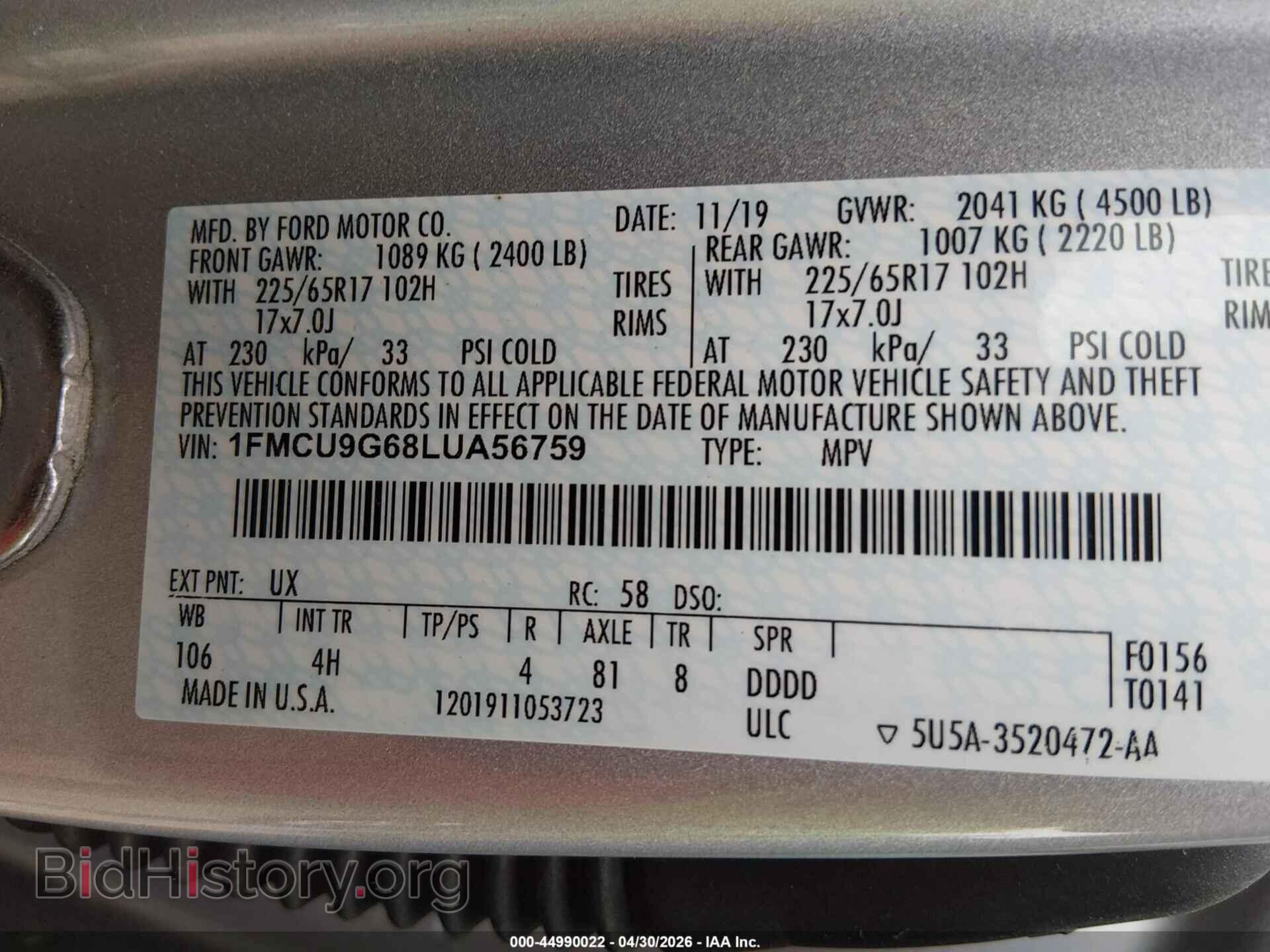 2020 FORD ESCAPE - VIN: 1FMCU9G68LUA56759 - Photo 9