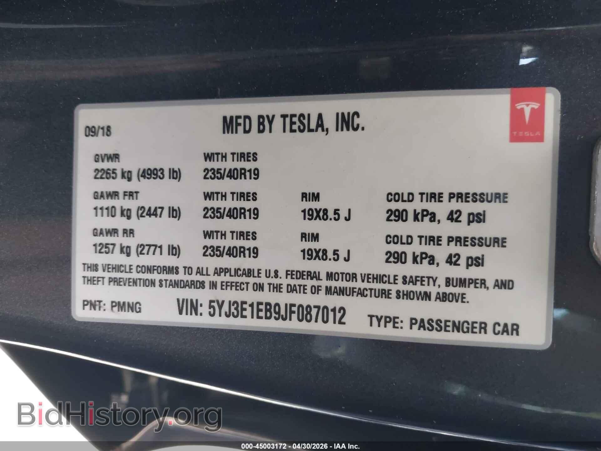 2018 TESLA MODEL 3 - VIN: 5YJ3E1EB9JF087012 - Photo 9
