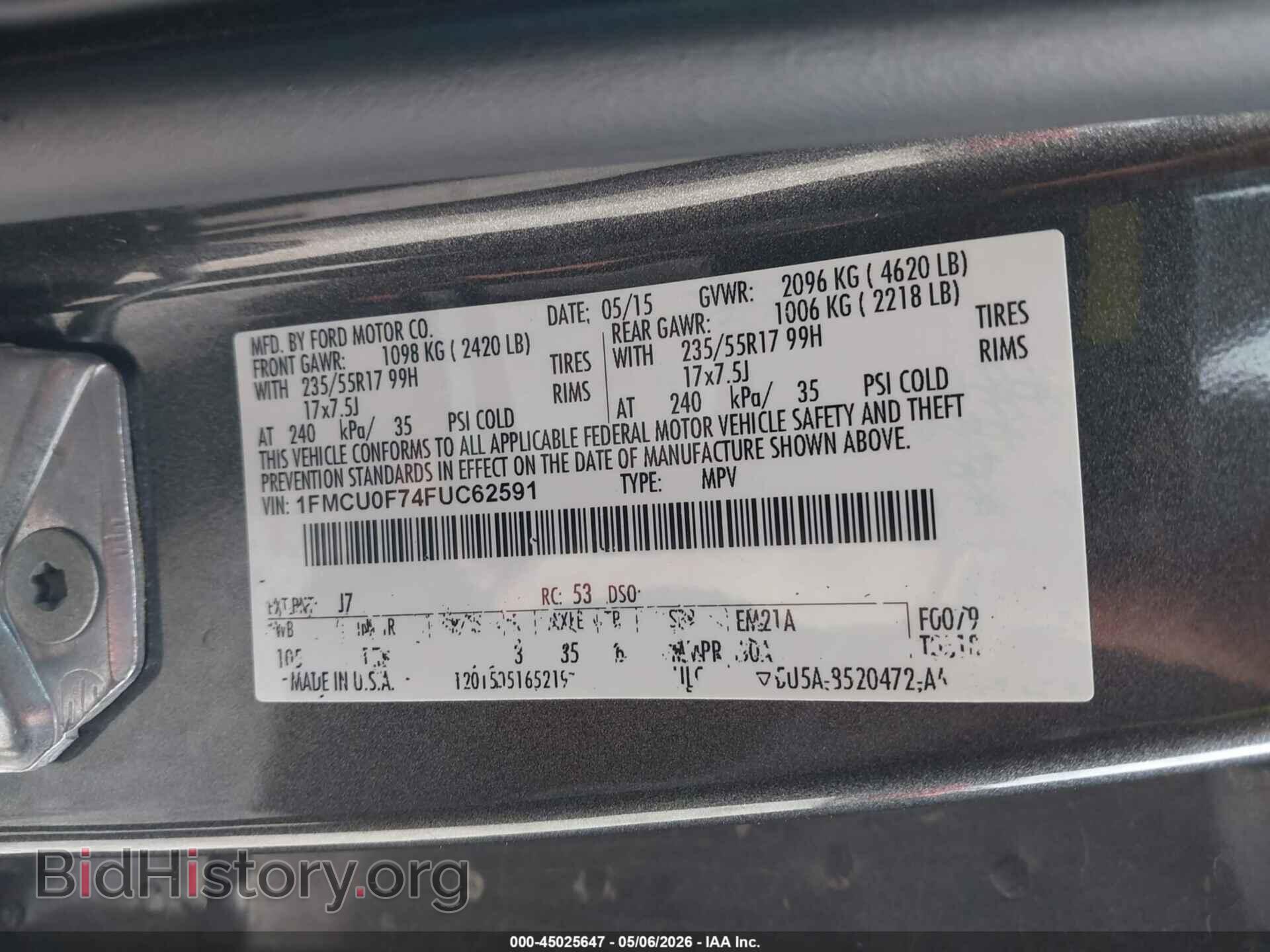 2015 FORD ESCAPE - VIN: 1FMCU0F74FUC62591 - Фото 9