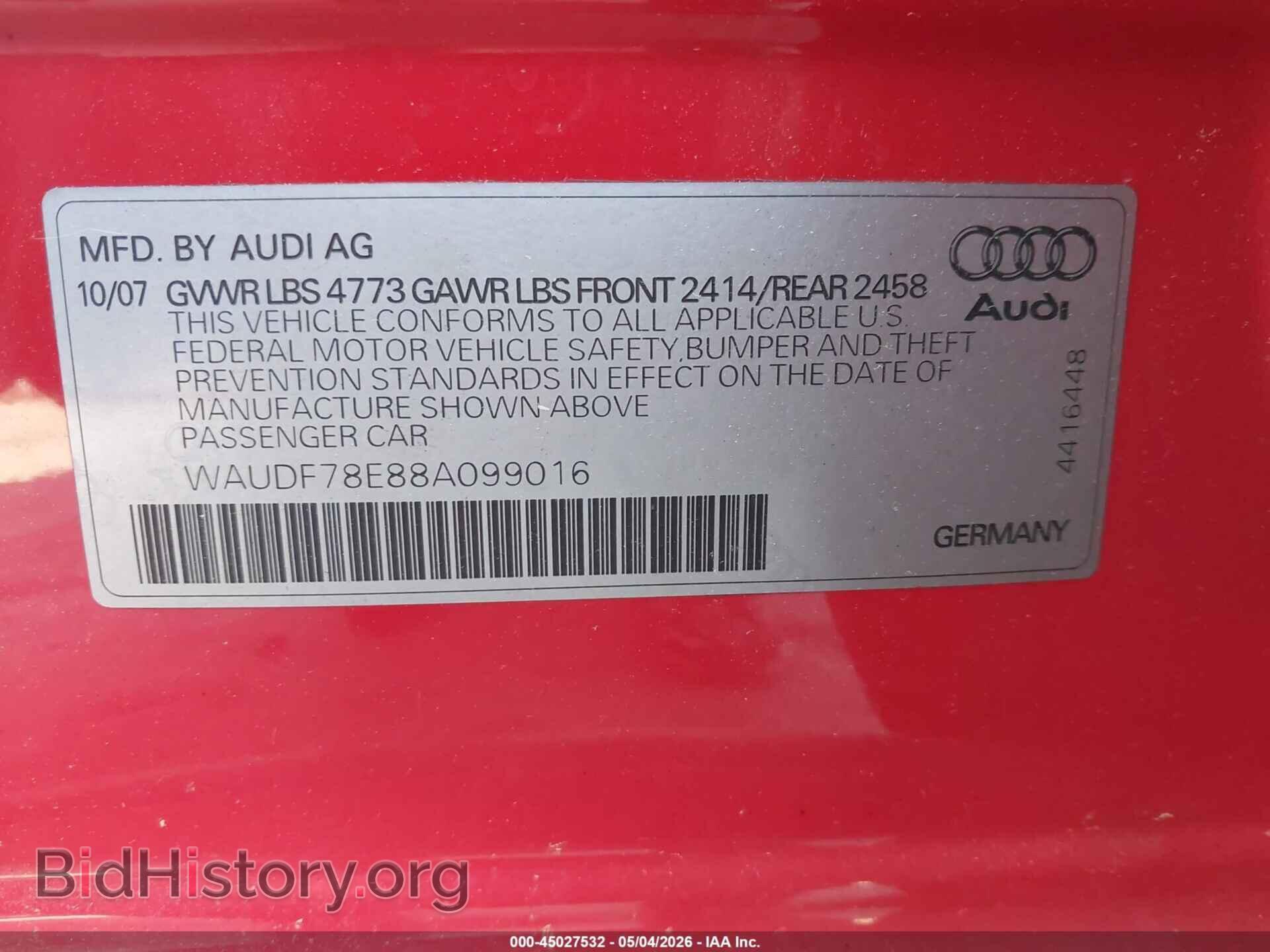 2008 AUDI A4 - VIN: WAUDF78E88A099016 - Фото 9