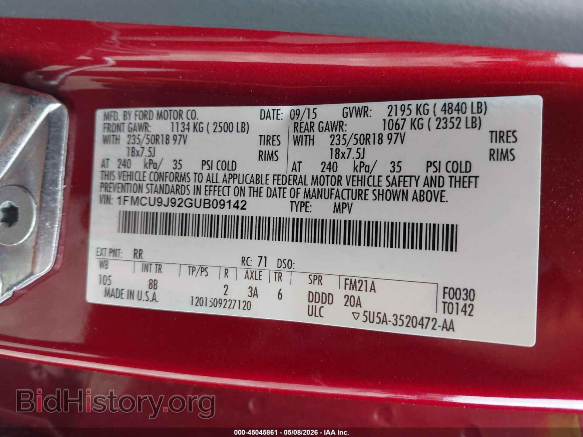 2016 FORD ESCAPE - VIN: 1FMCU9J92GUB09142 - Фото 9