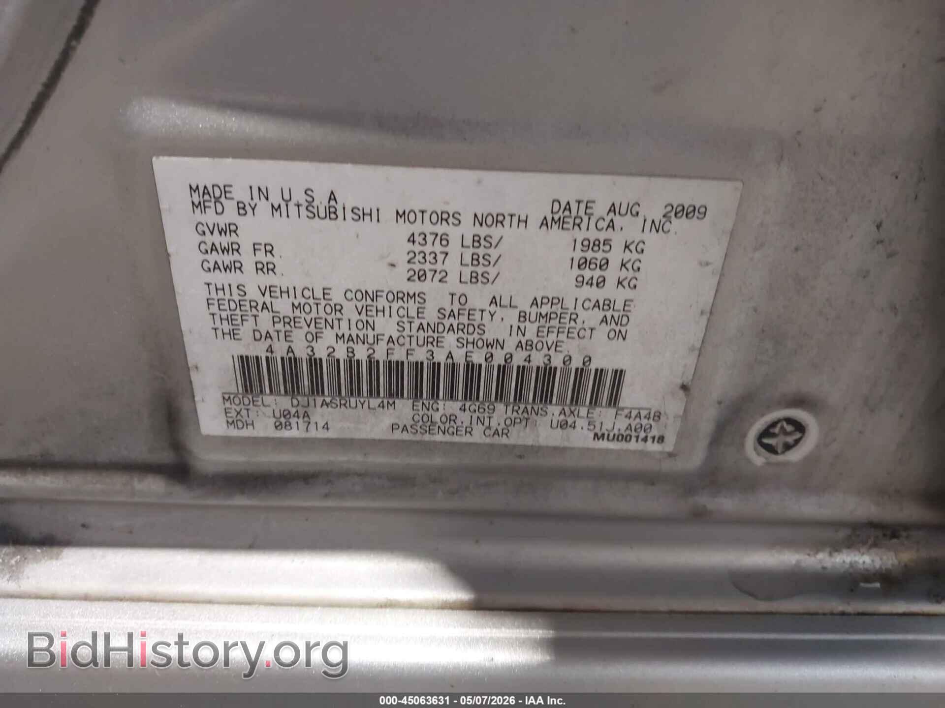 2010 MITSUBISHI GALANT - VIN: 4A32B2FF3AE004300 - Фото 9