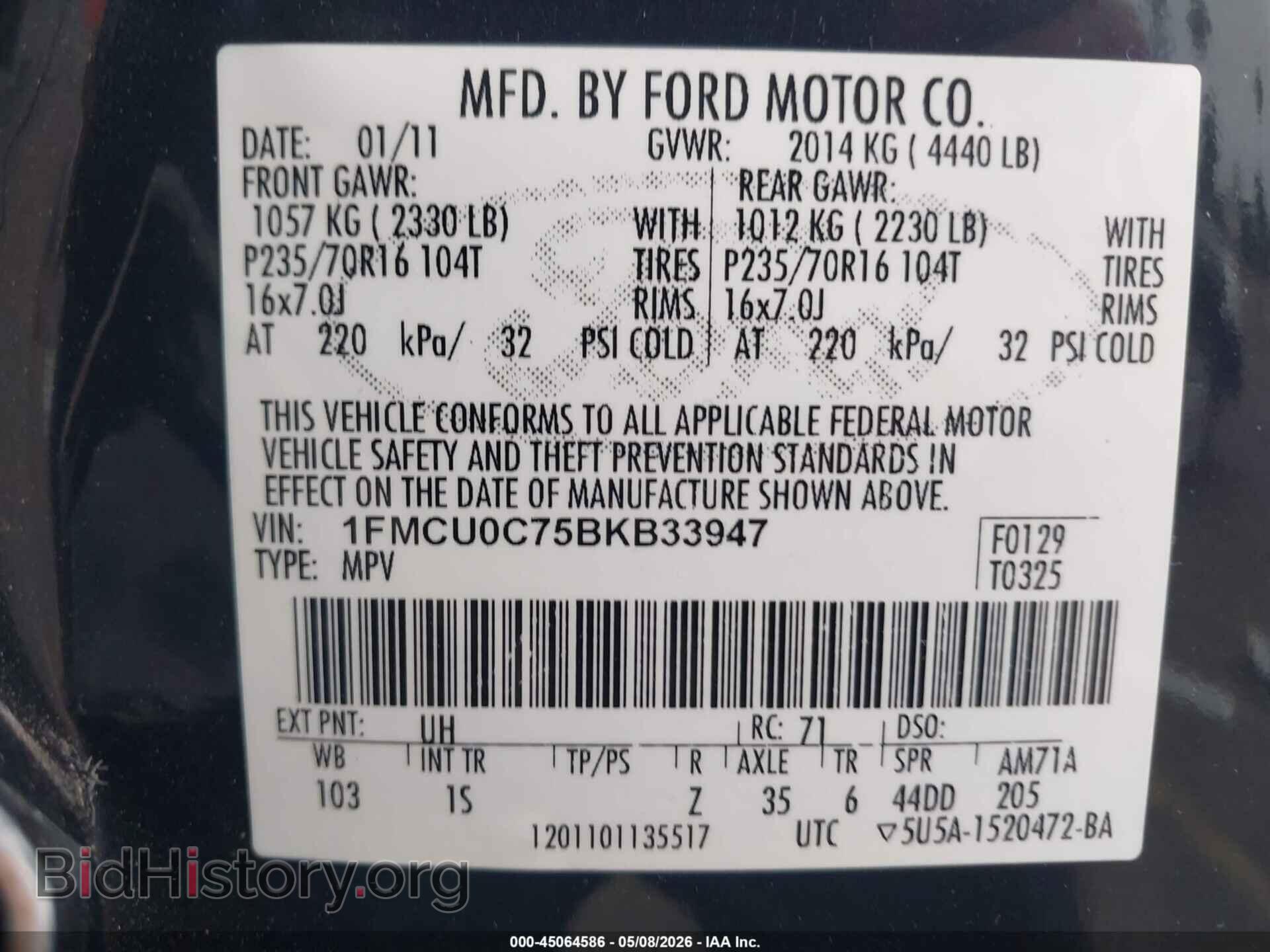 2011 FORD ESCAPE - VIN: 1FMCU0C75BKB33947 - Фото 9
