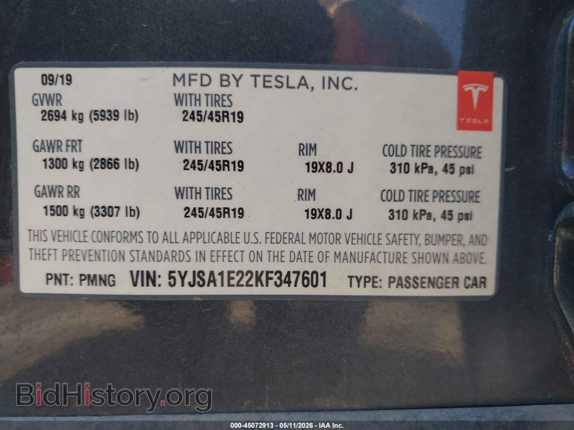 2019 TESLA MODEL S - VIN: 5YJSA1E22KF347601 - Фото 9