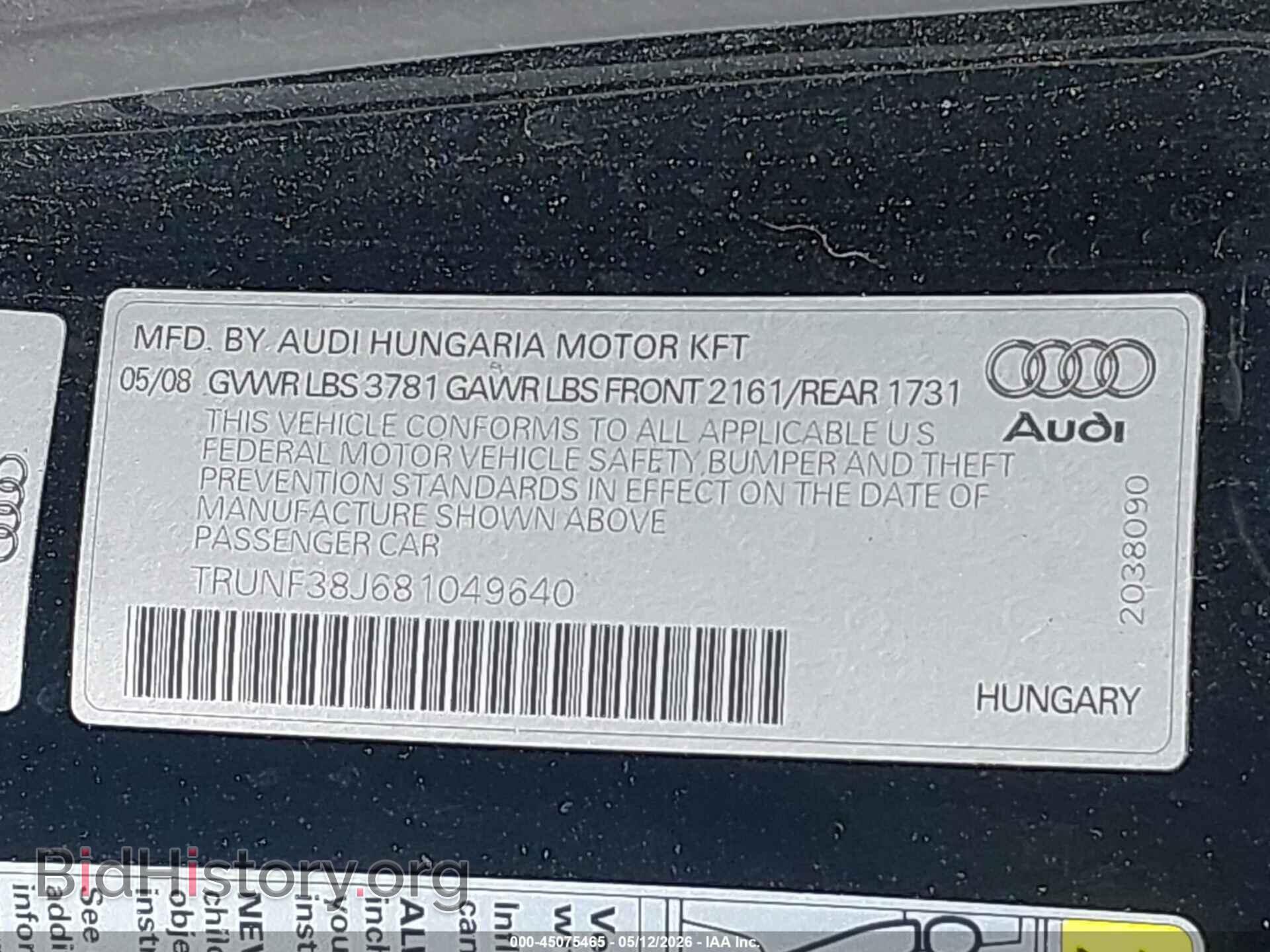 2008 AUDI TT - VIN: TRUNF38J681049640 - Фото 9