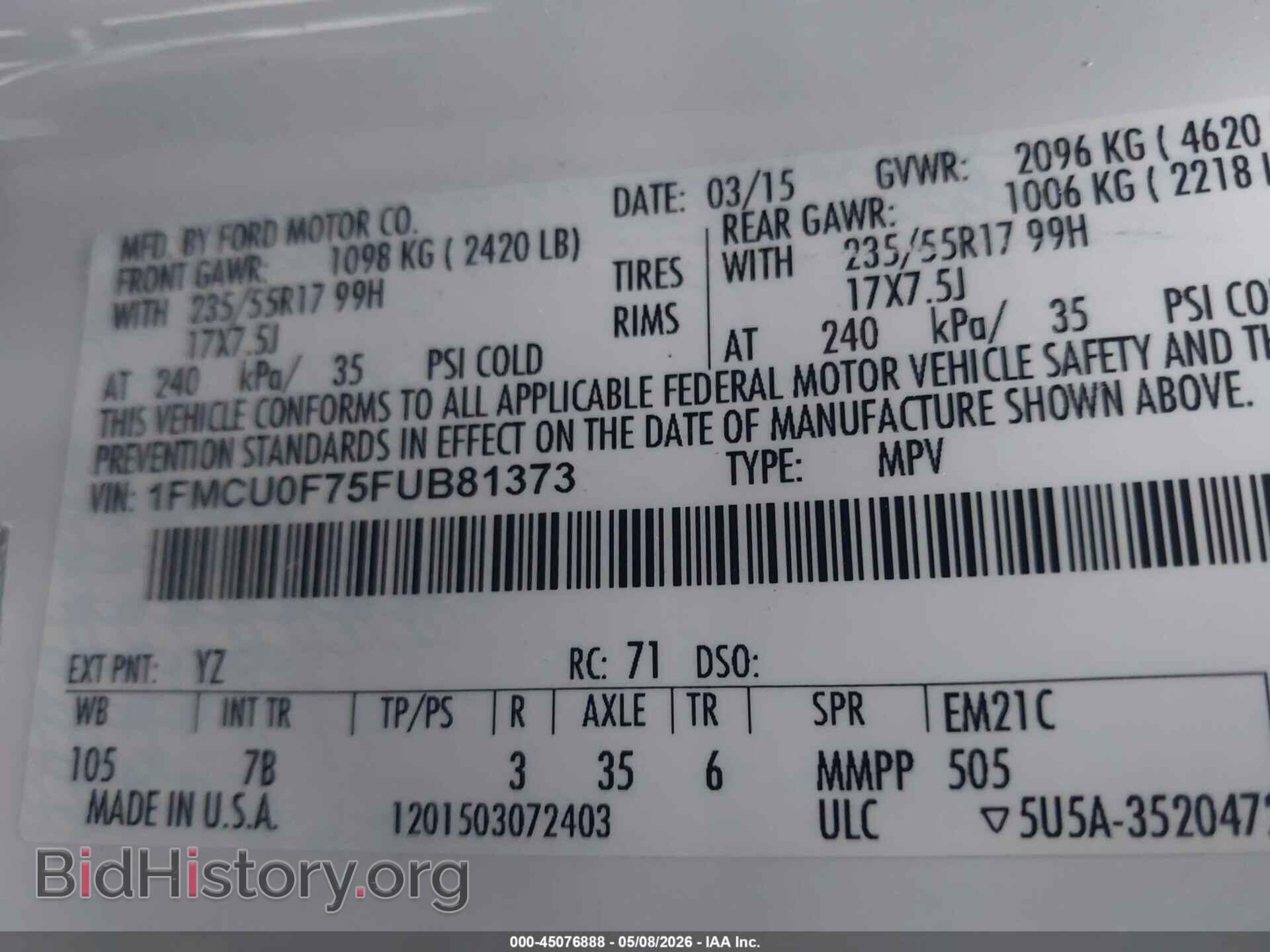 2015 FORD ESCAPE - VIN: 1FMCU0F75FUB81373 - Фото 9