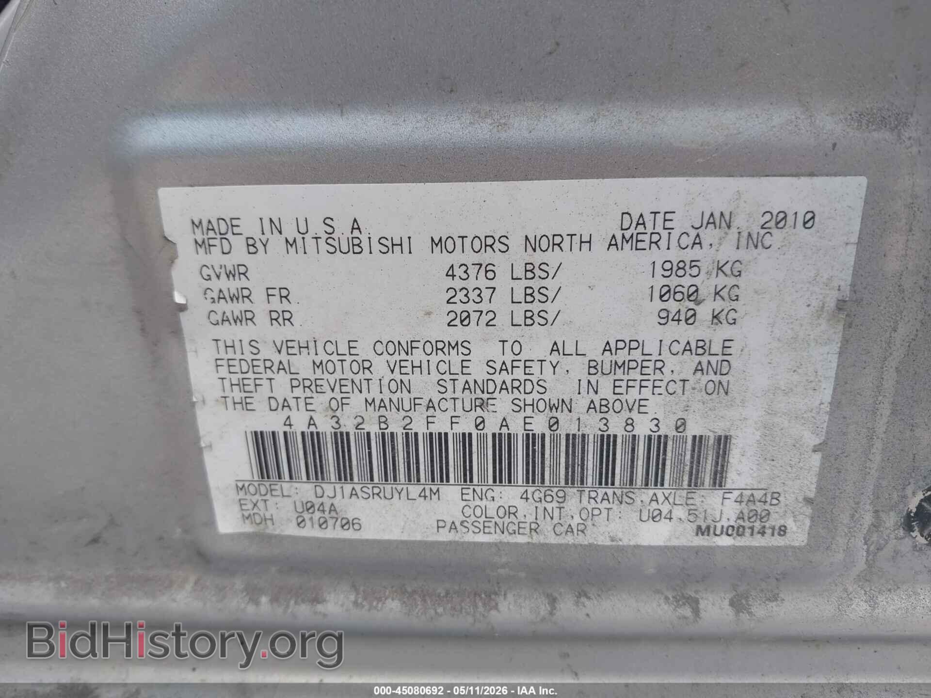 2010 MITSUBISHI GALANT - VIN: 4A32B2FF0AE013830 - Фото 9