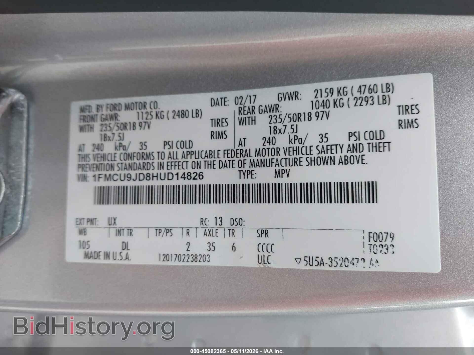 2017 FORD ESCAPE - VIN: 1FMCU9JD8HUD14826 - Фото 9