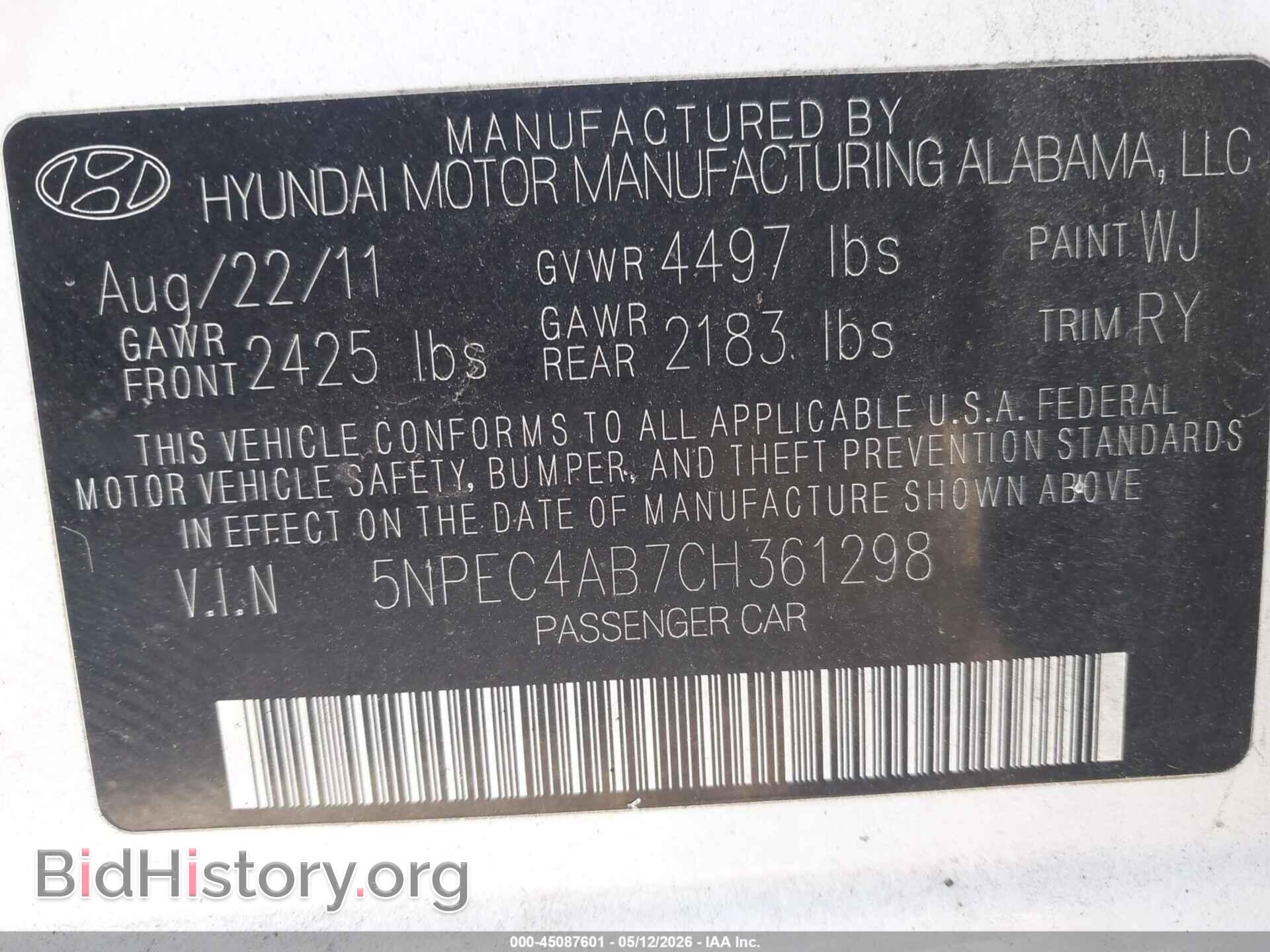 2012 HYUNDAI SONATA - VIN: 5NPEC4AB7CH361298 - Фото 9