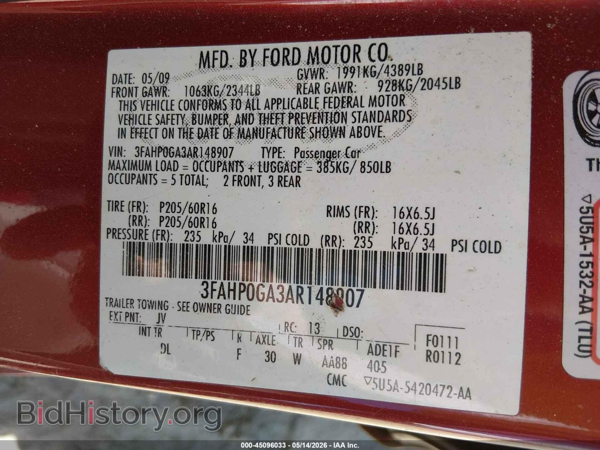 2010 FORD FUSION - VIN: 3FAHP0GA3AR148907 - Фото 9