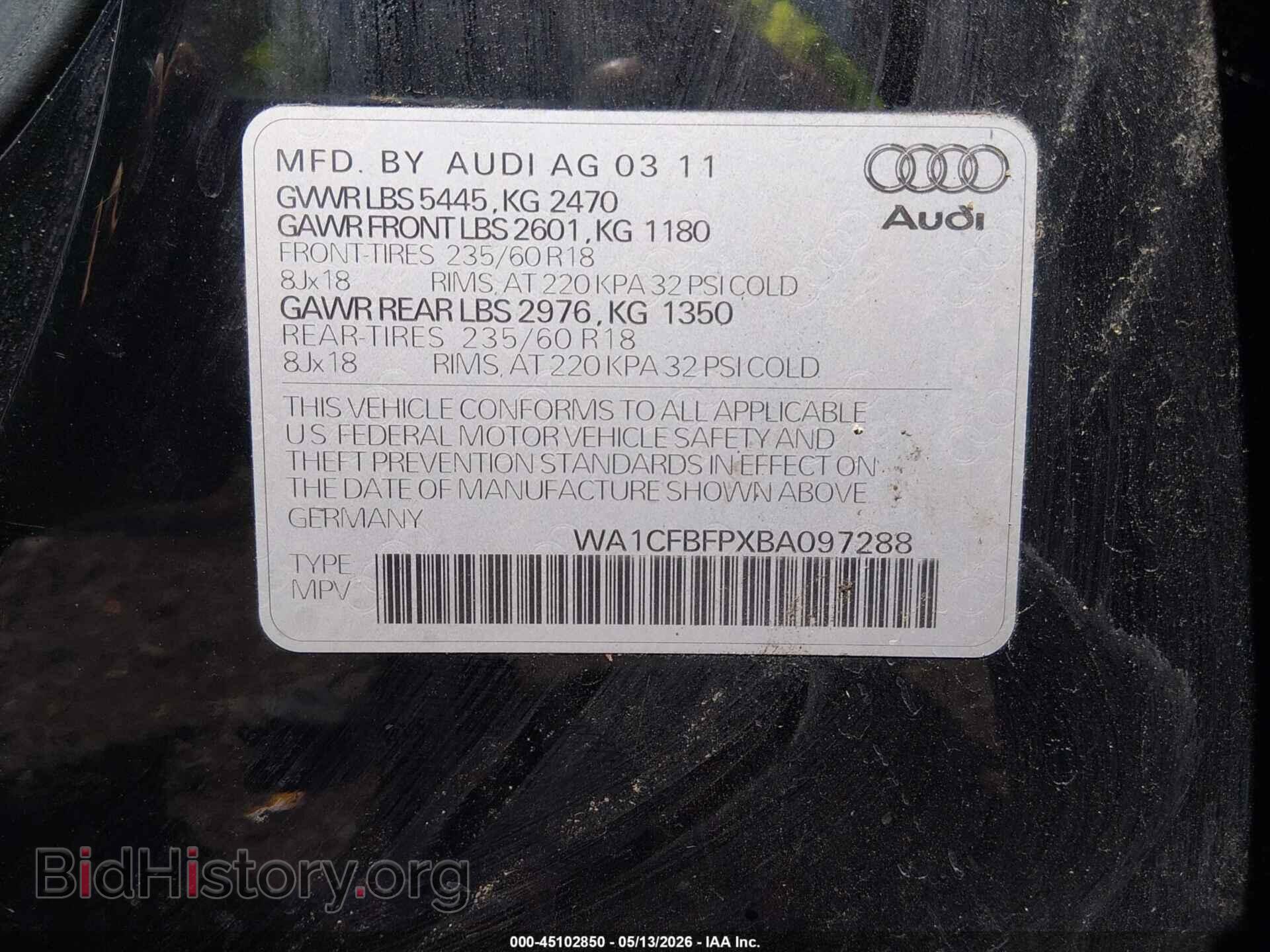 2011 AUDI Q5 - VIN: WA1CFBFPXBA097288 - Фото 9