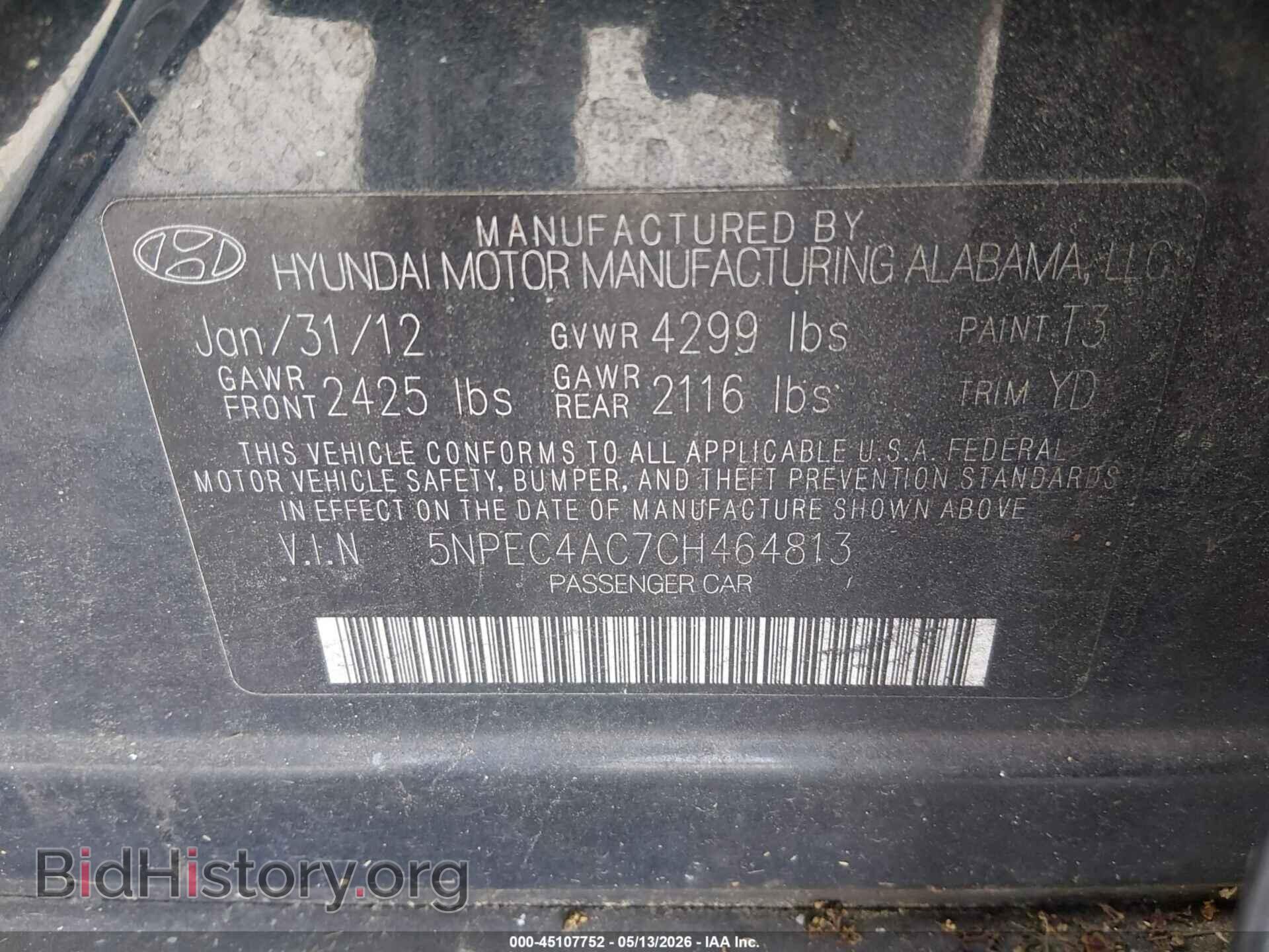 2012 HYUNDAI SONATA - VIN: 5NPEC4AC7CH464813 - Фото 9
