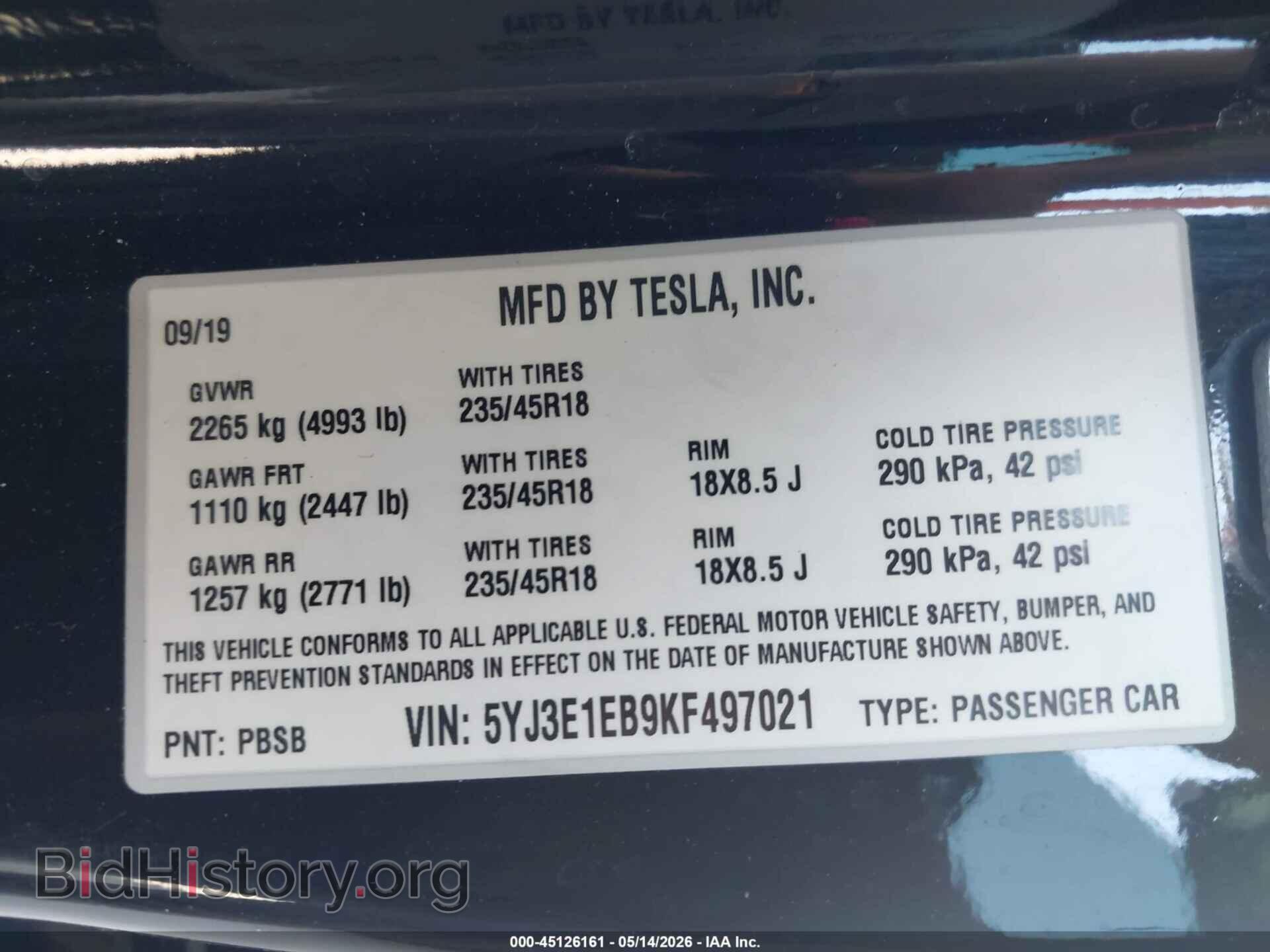 2019 TESLA MODEL 3 - VIN: 5YJ3E1EB9KF497021 - Фото 9