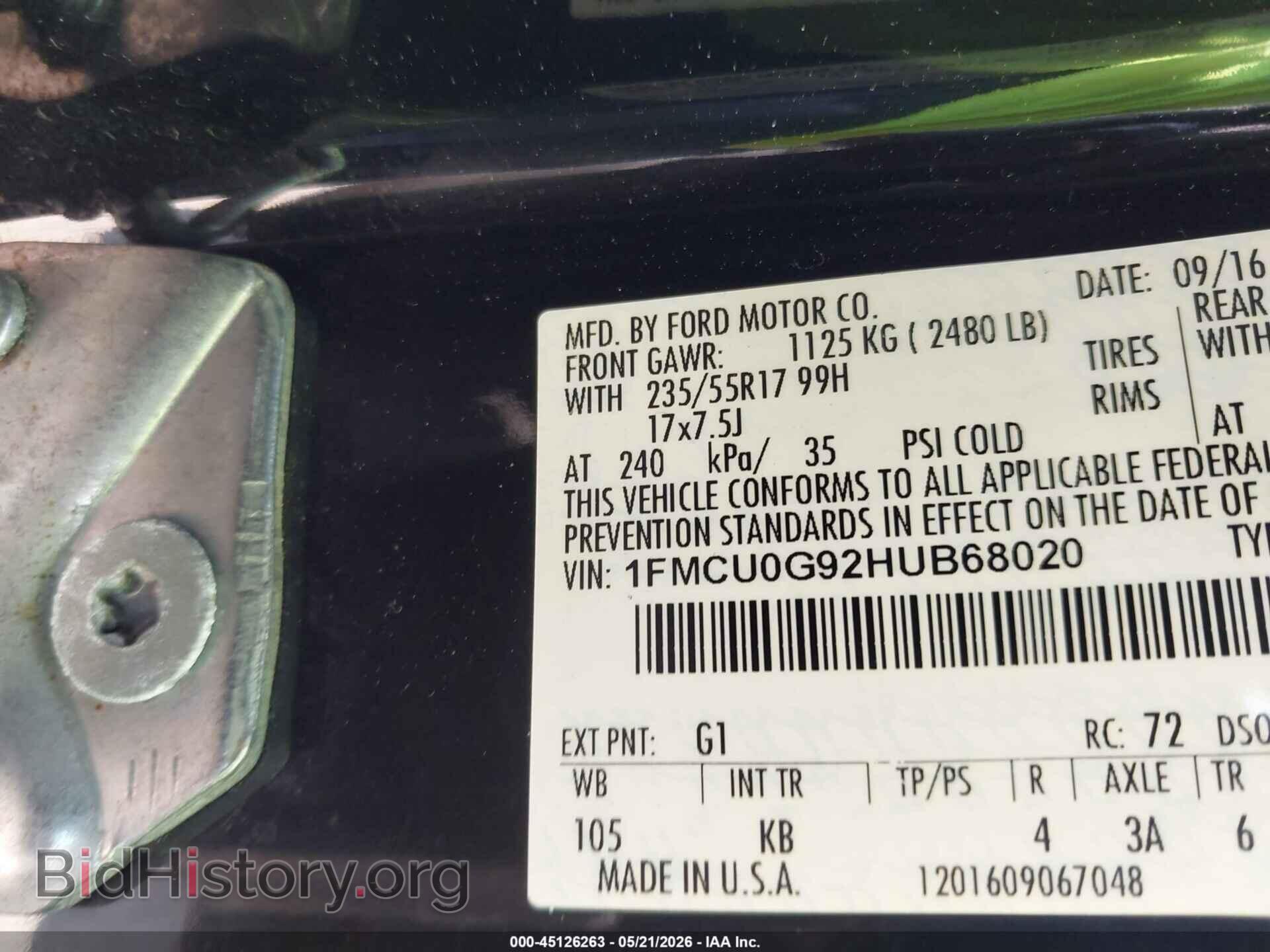 2017 FORD ESCAPE - VIN: 1FMCU0G92HUB68020 - Фото 9