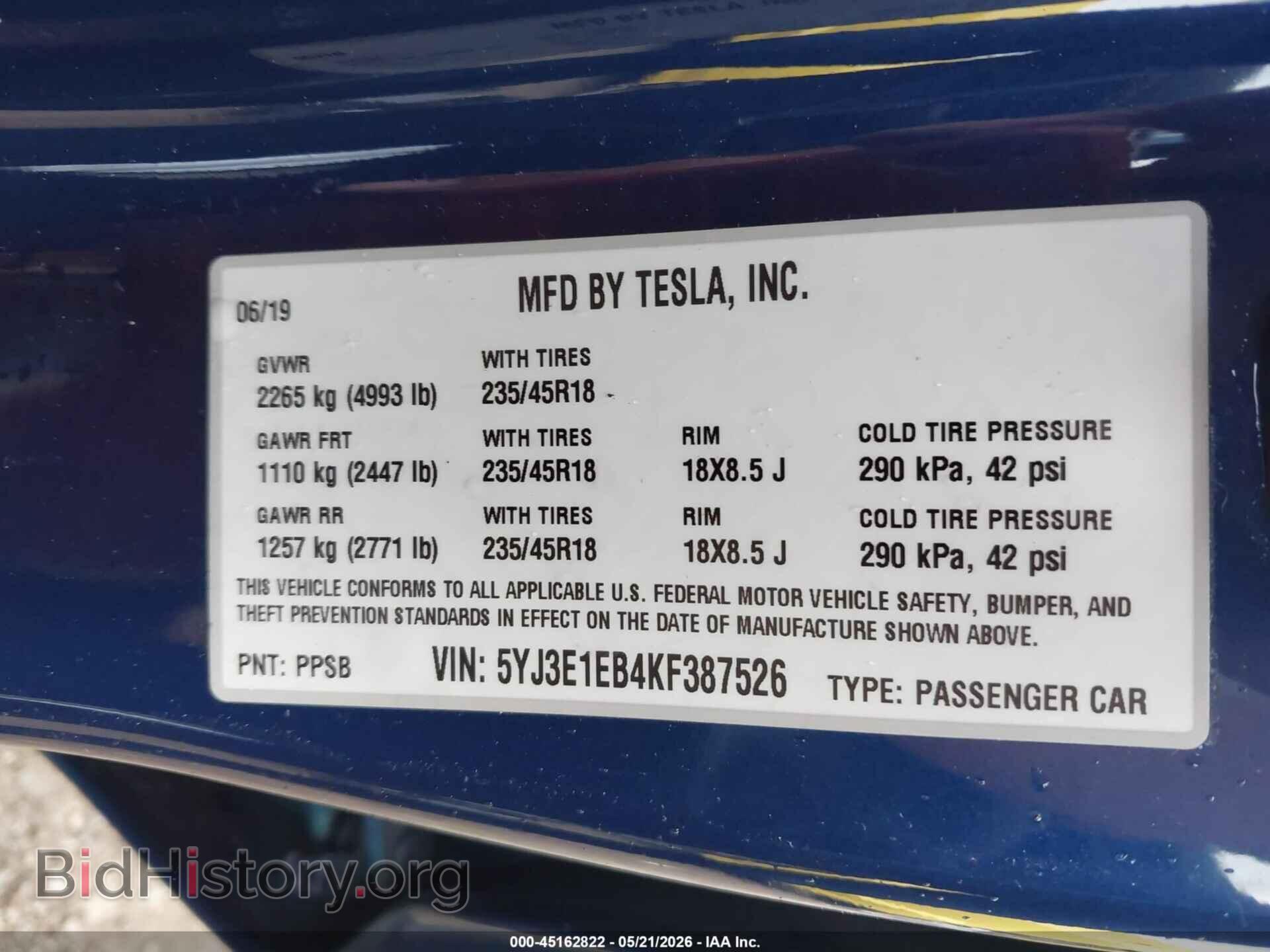 2019 TESLA MODEL 3 - VIN: 5YJ3E1EB4KF387526 - Photo 9